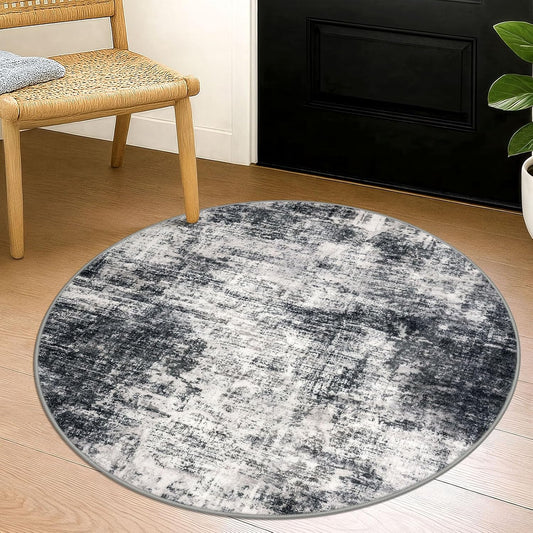 IOHOUZE Round Area Rug 3 Ft Circle Entryway Rugs Round Washable Door Mat Indoor Entrance, Non Slip Circle Front Door Rug, Printed Abstract Faux Wool Floor Carpet for Foyer Porch Sink, Black Grey
