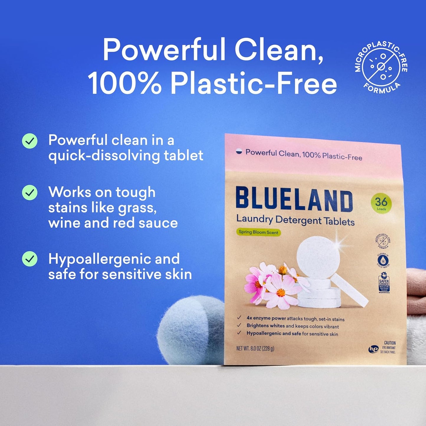 BLUELAND Laundry Detergent Tablets, 120 Count, Spring Bloom Scent, Plastic-Free Eco-Friendly Pods, Sheets, Liquid Alternative - Safe for Sensitive Skin, Gentle