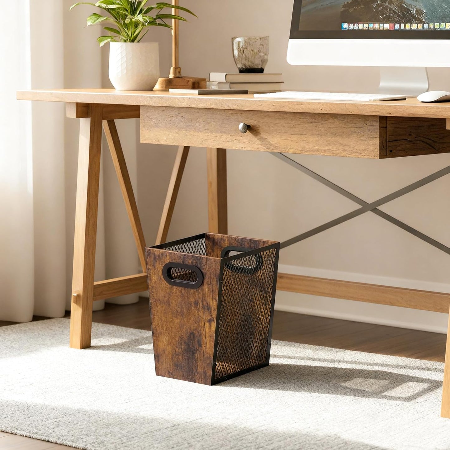 Piskyet Rustic Office Trash Can for Near Desk,7 Gallon Unique Wood Bedroom Garbage Can,Vintage Wastebasket with Handle, Decorative Trash Can for Home Office,2pack 12.2"L x 9.6"W x 14.9"H,Rustic Brown