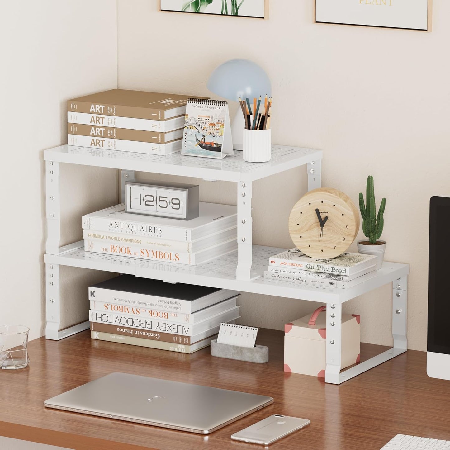 Metal Stackable Expandable Storage Shelf - Multi-Functional Home Storage Shelf, Suitable for Kitchen, Cabinet，Bathroom, Office, Garage, etc.（1PACK/White/Large