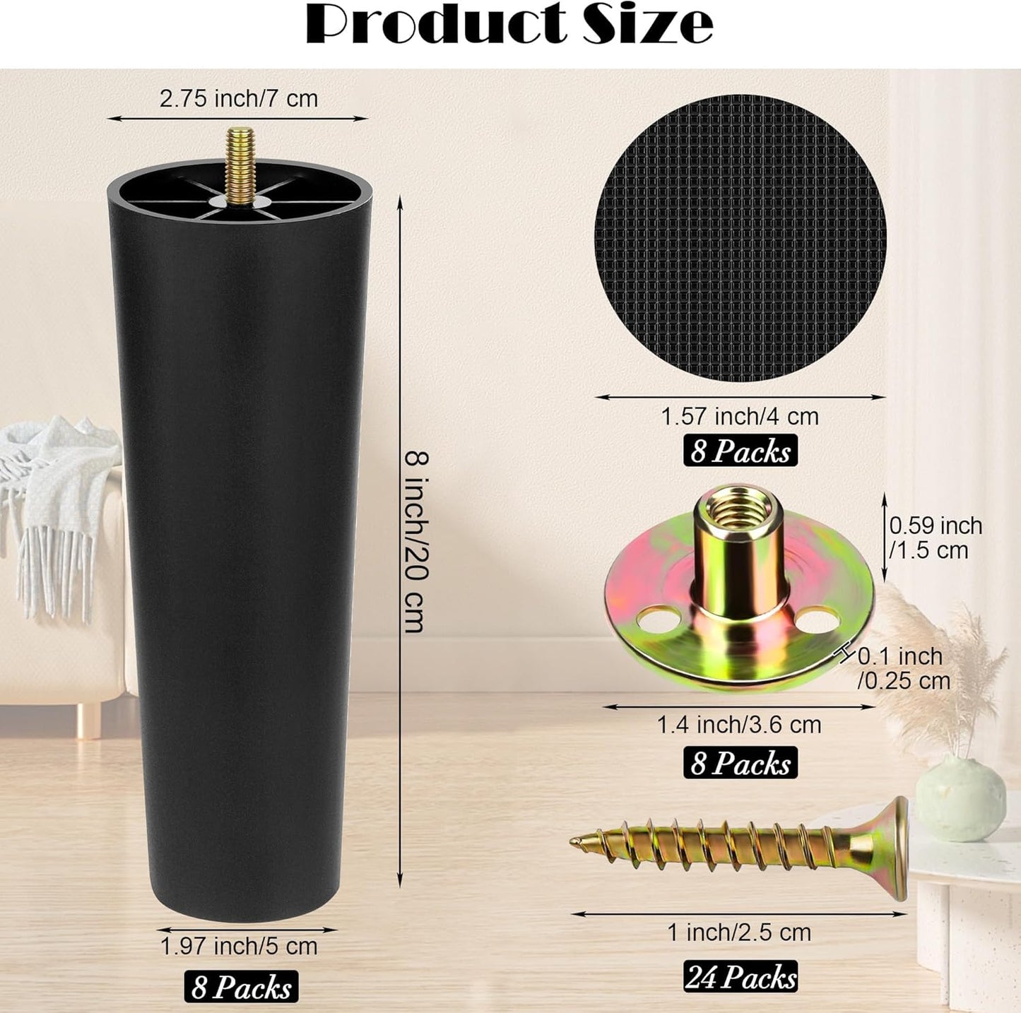 TURSTIN 8 Pack 8 Inch Plastic Furniture Legs with M8 T-Nuts Screws Tapered Sofa Couch and Chair Legs Replacement Furniture Legs for DIY Projects Sofas Coffee Tables Dressers Beds