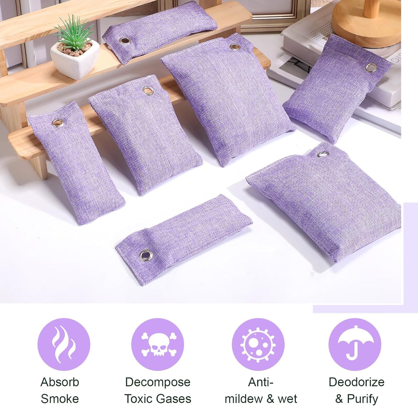 Nuanchu 24 Pcs Activated Charcoal Odor Absorber 50g/100g/200g, Air Purifying Bamboo Charcoal Bags, Natural Shoe Odor Absorber, Deodorizer Absorbers for Fresh Car Home Closet Pet Basement Smell(Purple)