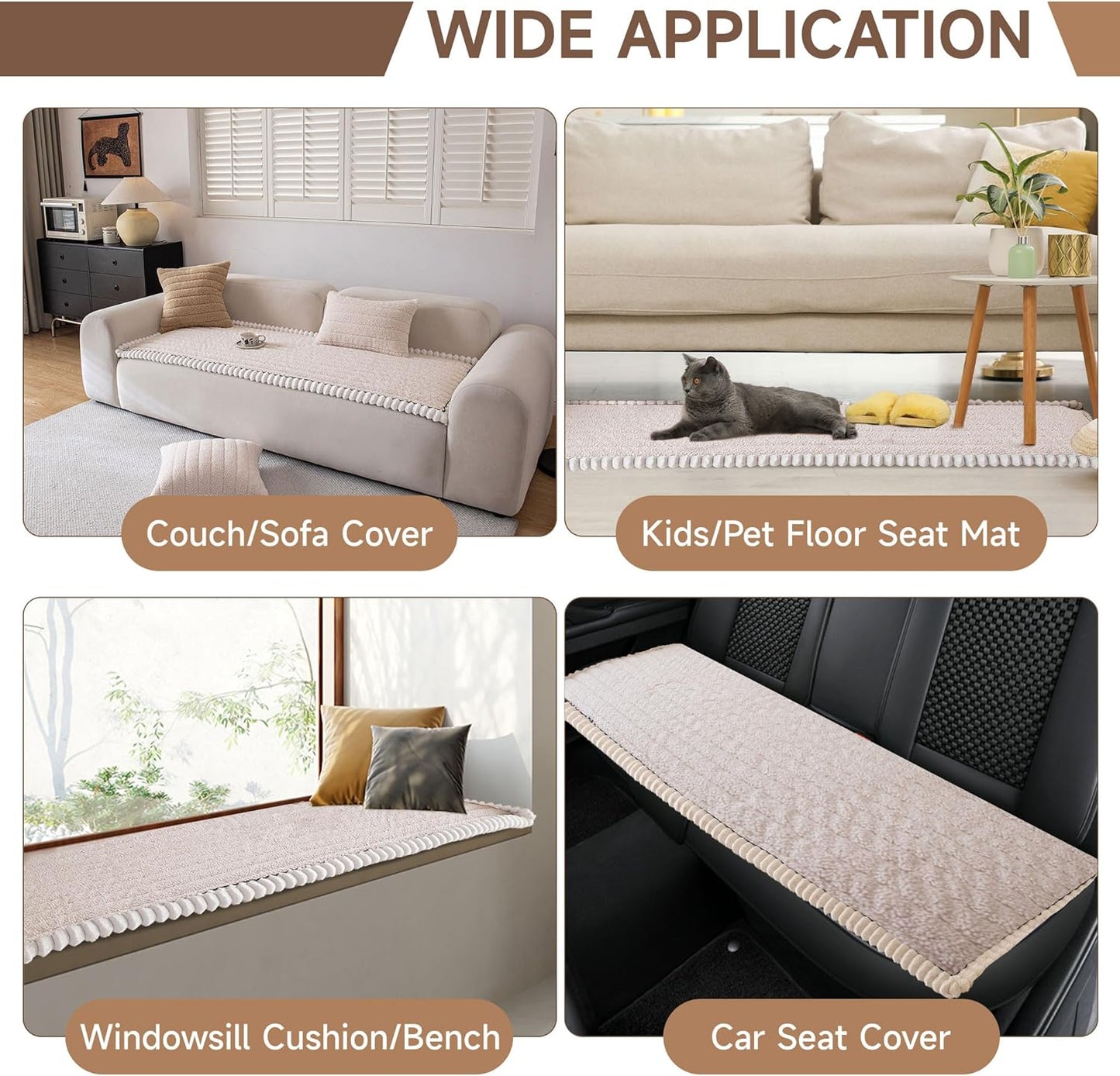 OTOB Sofa Covers for 3 Cushion Couch Washable, All Seasons Fuzzy Non Slip Kids & Pet Friendly Dog Bed Mats Couch Cover, Soft Plush Sofa Slipcovers Furniture Protector (Beige, 27.6" x 70.9'')