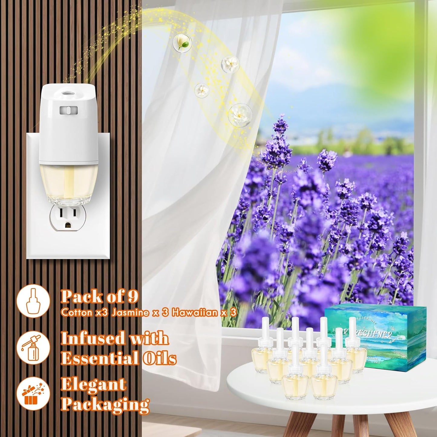 Plug-in Air Freshener Starter Kit, 1 Warmer and 9 Essential Oil Refills, Hawaiian, Jasmine, Cotton Scents for Home, Bathroom and Office, Compatible with Air Wick,Compatible with Glade