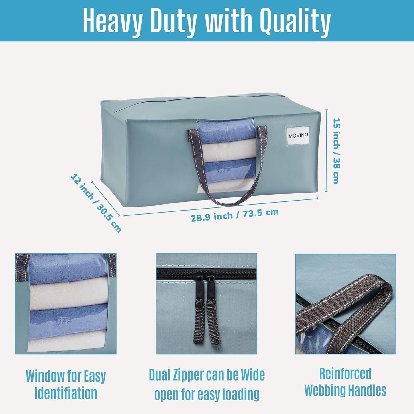 VENO 10 Pack Moving Bags for College, Heavy-Duty Storage Totes, Moving Boxes and Wardrobe Packing Supplies Alternative - Extra Large Durable Laundry Bags for Clothes (Light Blue Matte, 10 Pack)