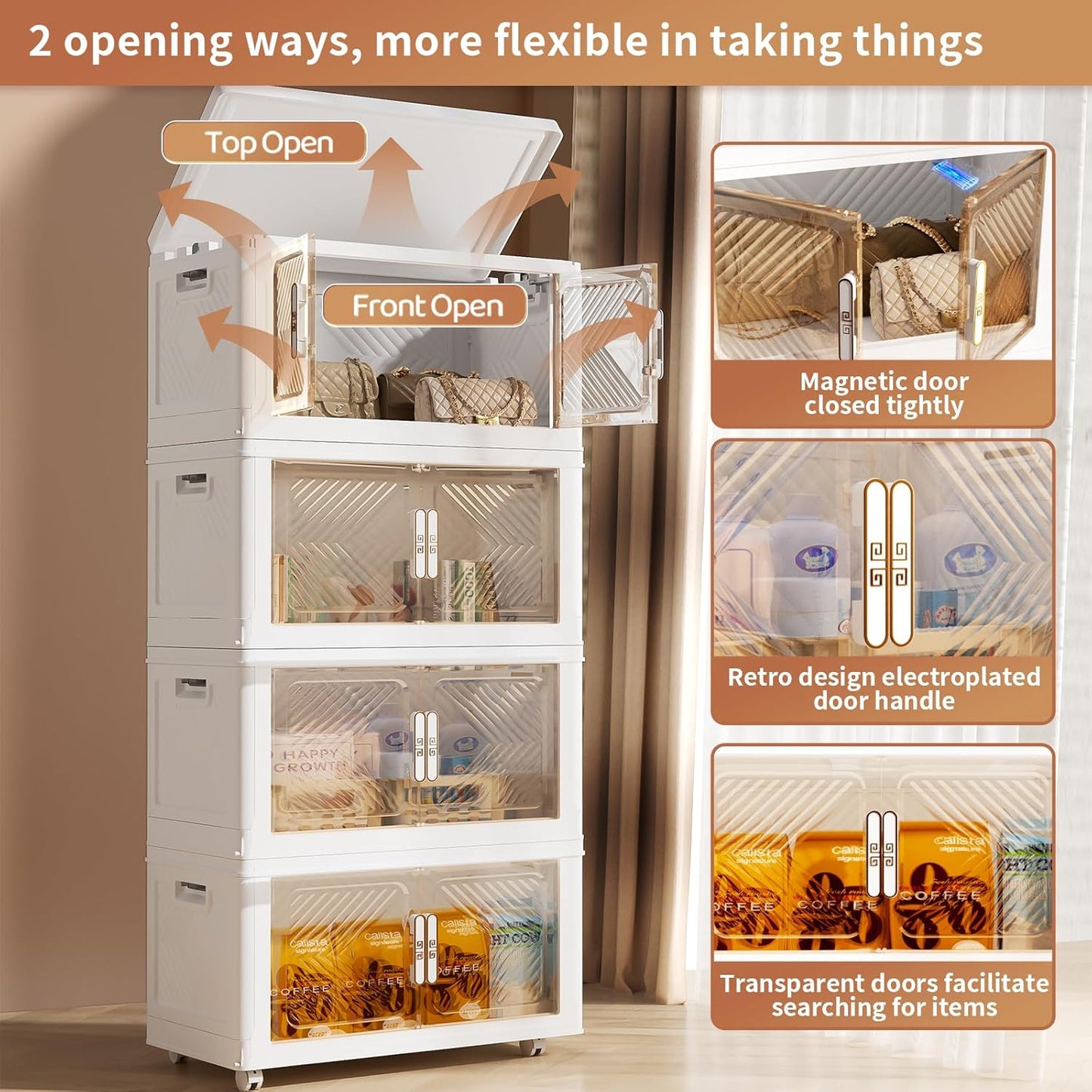 Storage Bins with Lid 120QT, Stackable Storage Containers with Wheels and Magnetic Doors, Plastic Clothes Closet Organizers and Storage Box for Pantry, Home and Office (4 Pack)