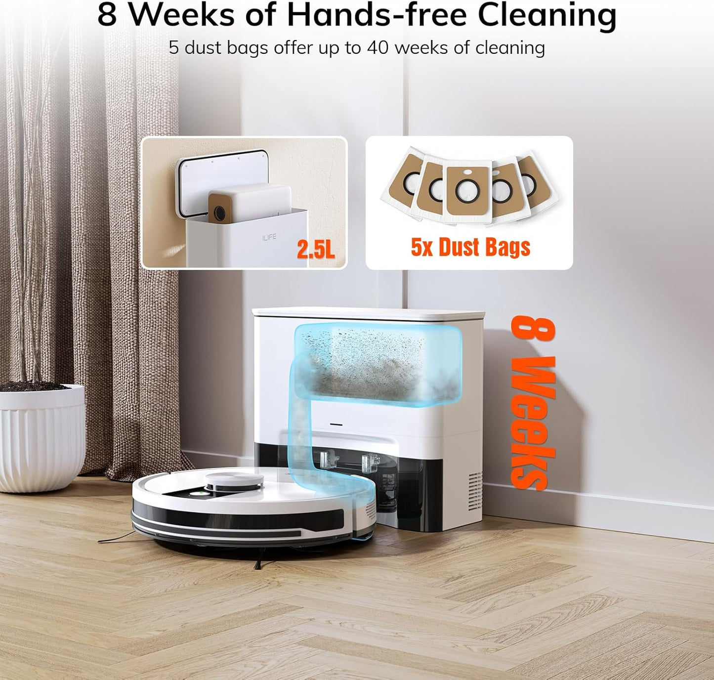 ILIFE A12 Pro Robot Vacuum and Mop Combo, Self Emptying Station for 60 Days, LiDAR Navigation, Home Mapping, No-Go Zones, 2.4G WiFi/App/Alexa/Remote Control, for Hard Floors, 110V