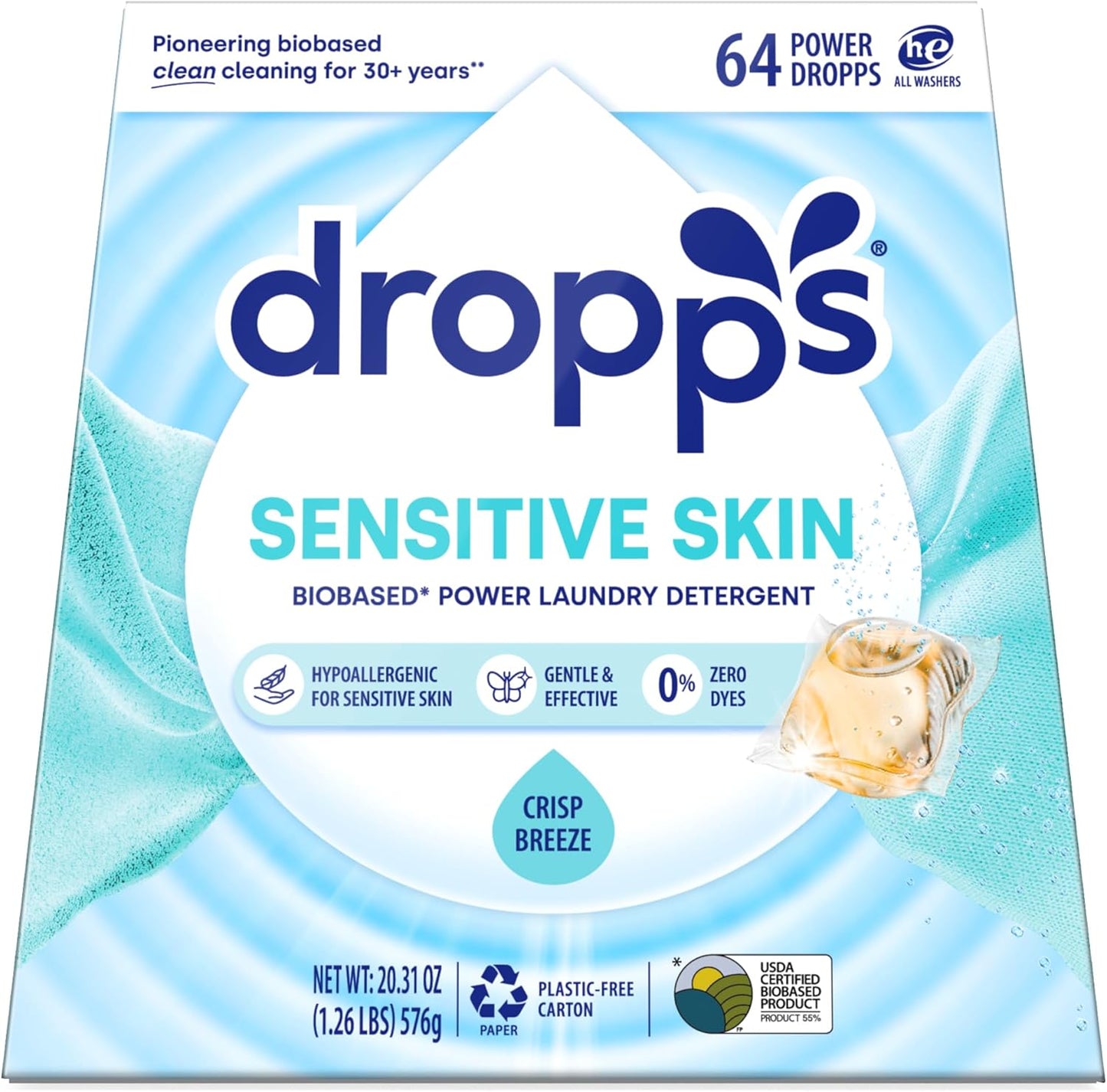 Dropps Sensitive Skin Laundry Detergent Pods, Crisp Breeze (64 Count) - Dermatologist Tested Laundry Pods - HE Compatible Laundry Supplies for Clean Clothes, Vegan & Dye-Free