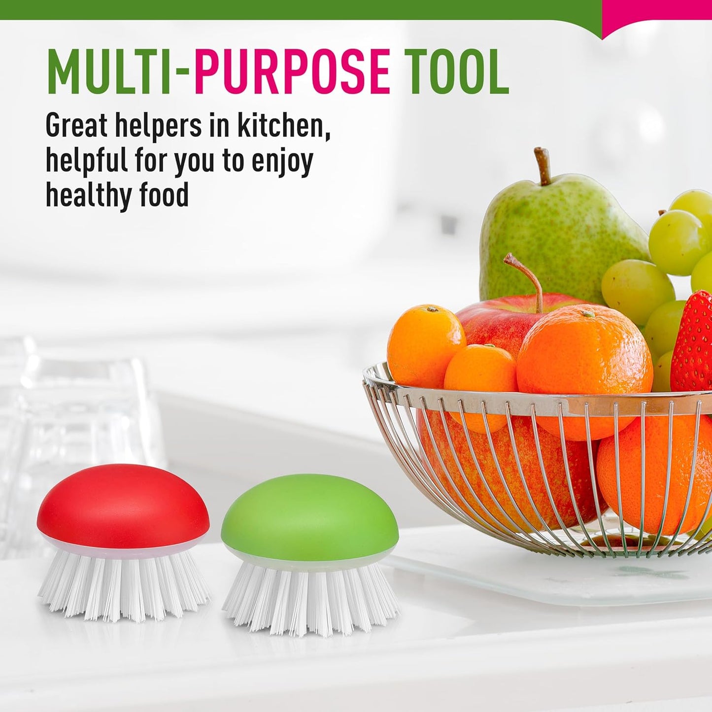 Vegetable Brush Scrubber for Food – 2Pcs Set Fruit and Veggie Brush – Silicone Top and Ultra-Strong Bristles Potato Scrubber – Palm Held Ergonomic Design – Easy to Clean – Red and Green