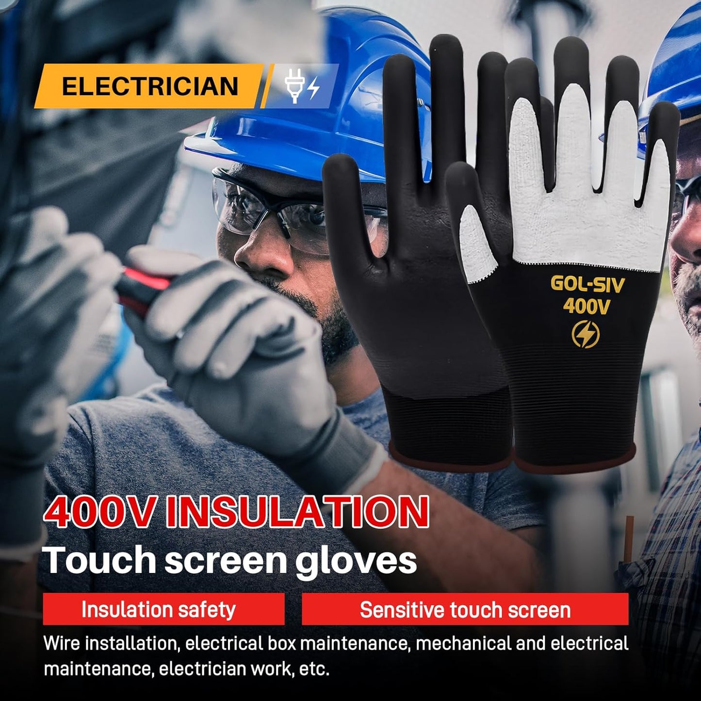 400V Electrical Gloves For Electrician XL - Flame Retardant,Low Voltage Insulated Safety Work Gloves,Rubber Non Slip,Touch Screen Grip