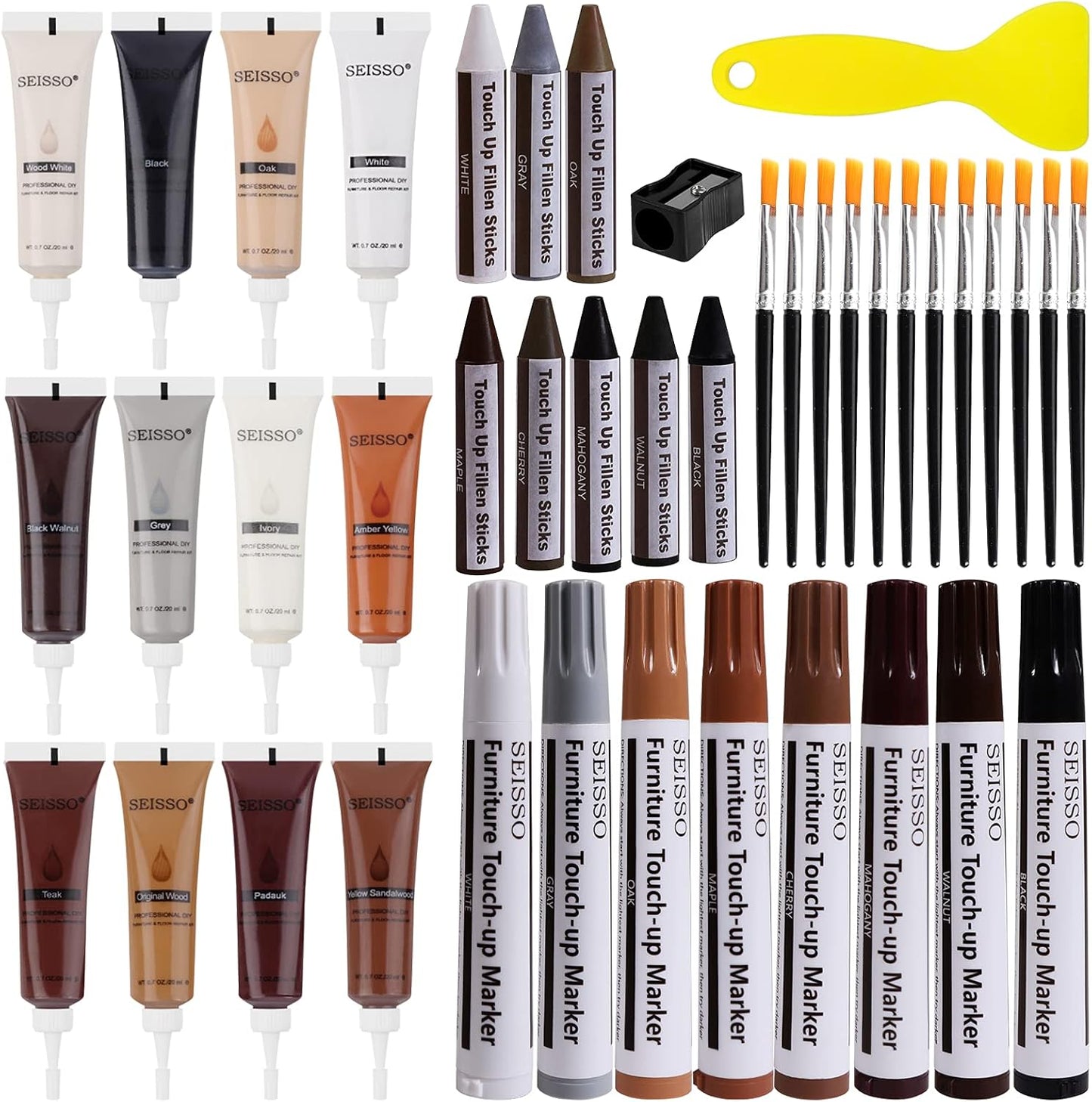 SEISSO Wood Furniture Repair Kit, 42 Pcs Wood Filler and Touch Up Markers with Wax Sticks, Vinyl Floor Repair Kit for Scratches, Cracks, Holes, Discoloration for Door, Stain, Floor, Table, Cabinet