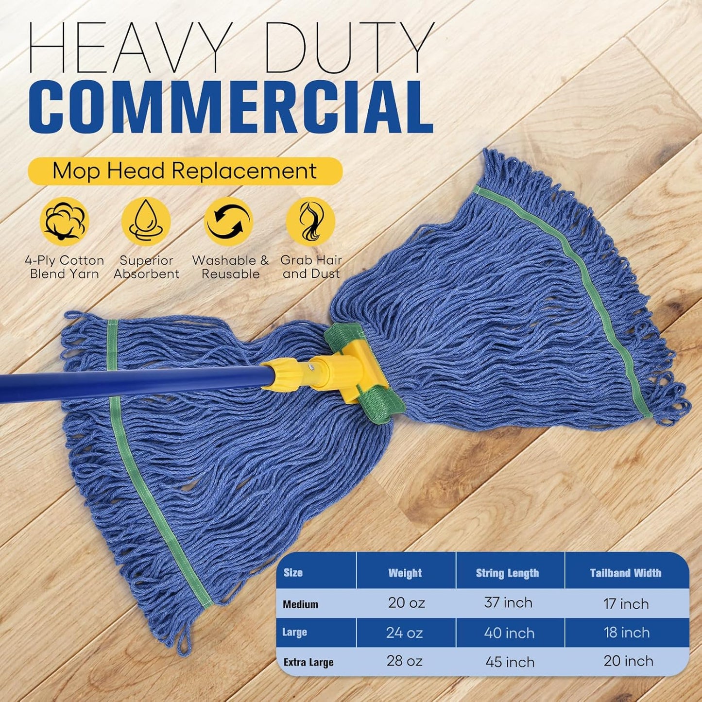 Matthew Cleaning Commercial Mop Head Replacement, 5 Inch Wide Headband, Looped End Cotton Blend String Wet Mops for Floor Cleaning, 28 oz Extra Large, Case Pack 12 Pcs Blue