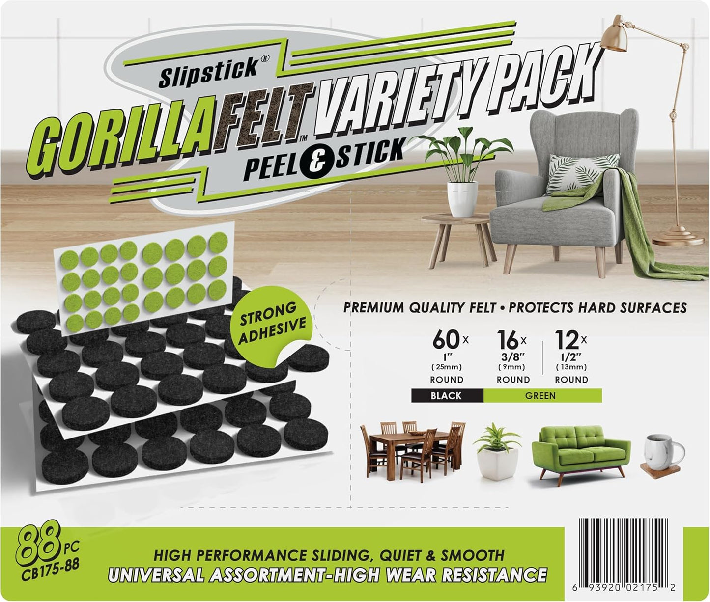 Slipstick Gorilla Felt 1 Inch Furniture Pads (88 Piece Combo) Premium Furniture Pads & Chair Leg Floor Protectors for Hardwood Floors & Hard Surfaces