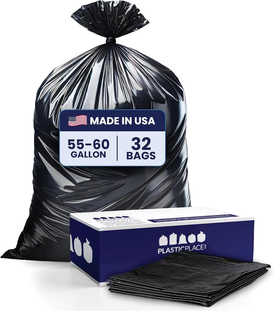 Plasticplace 55 Gallon Contractor Bags, Black, 38'' x 58'', 4 Mil, 32/Case
