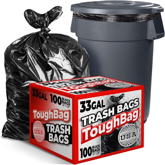 ToughBag 30-33 Gallon Heavy Duty Trash Bags (100 Count) – 33x39" Large Can Liners – Made in USA