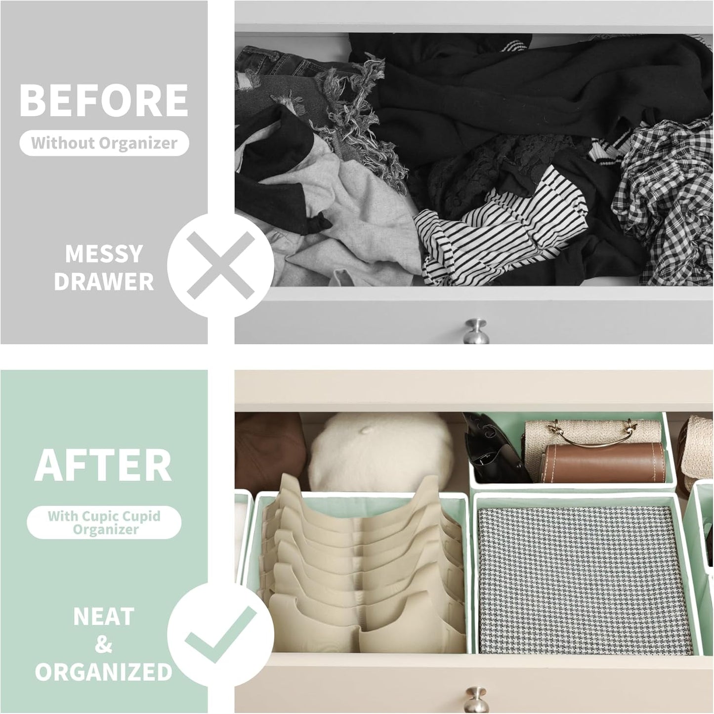 Cupic Cupid Drawer Organizer, Dresser Organizers, Foldabe Drawer Organizer Clothes, Closet Organization and Storage Dividers for Socks, Underwear and Diaper, Set of 12, Green