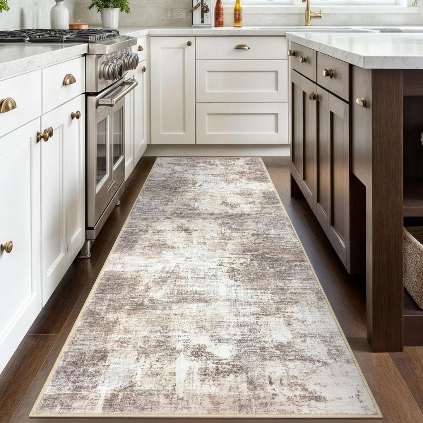 IOHOUZE Abstract Runner Rug 3x8 Ft Washable Runners for Hallways, Non Slip Kitchen Runner Printed Faux Wool Entryway Runner Indoor, Modern Abstract Floor Carpet for Hall Kitchen Bedroom, Beige Brown