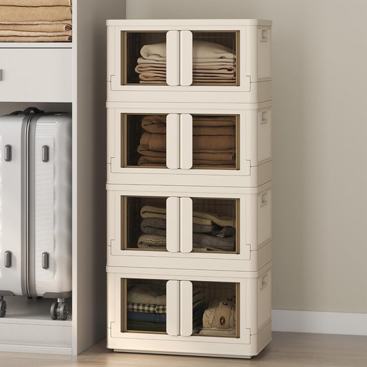 FLEXIMOUNTS 150 QT Stackable Storage Bins With Lids, Collapsible Plastic Storage Bins, Closet Organizers and Storage Containers with Doors and Built-in Wheels For Home, 4 Pack Cubes, Milky White