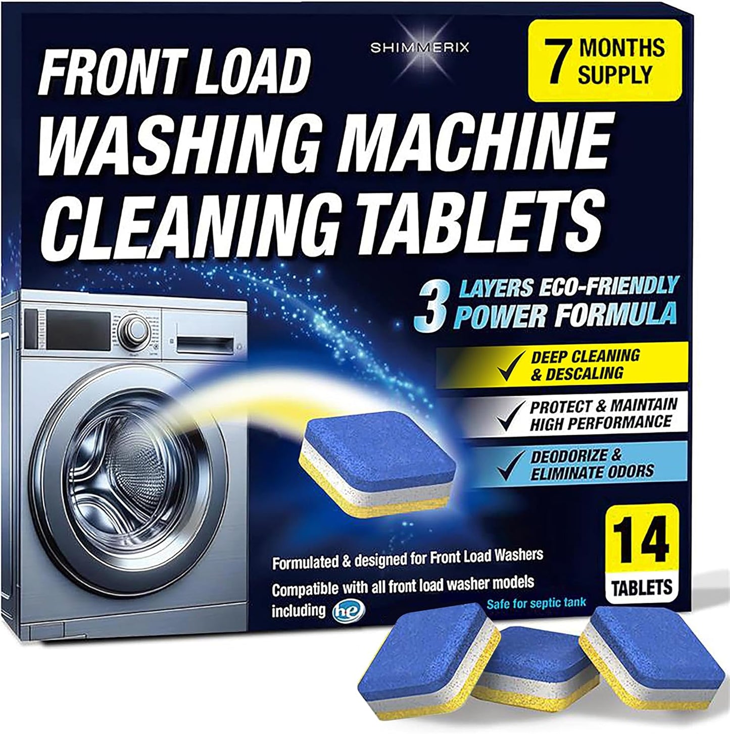 Washing Machine Cleaner Tablets 14 Pack for HE Front Load - Eco Friendly Washer Cleaning Tablets Formula - Pets Hair & Smell Solution - Septic Safe Descale Deodorize Protect - 1 Plus Year Supply