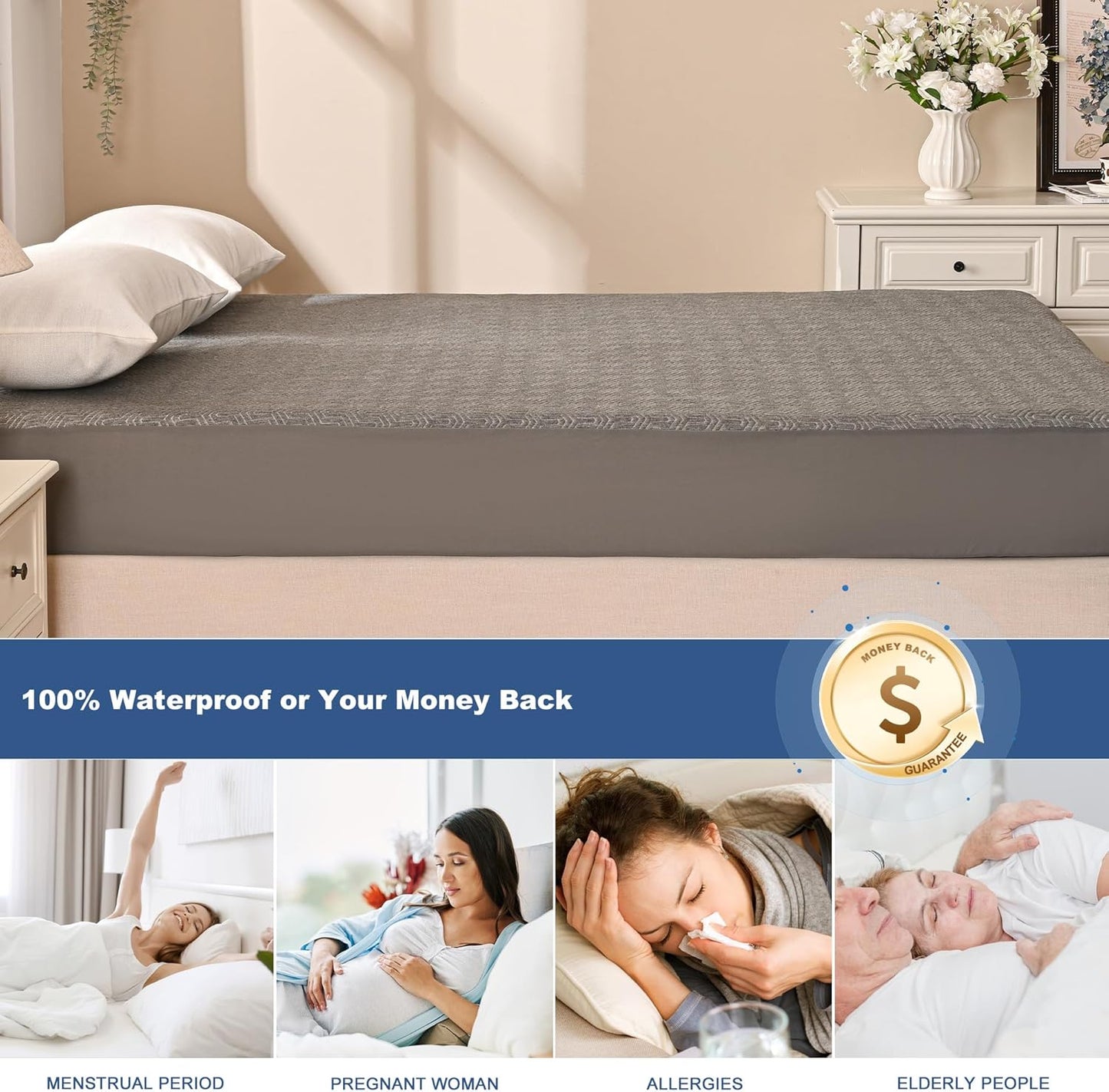 GRT Waterproof Mattress Protector King, Breathable Bamboo Charcoal Fiber Mattress Cover, Noiseless and Odor Free Upgraded Mattress Protector with Double-Barrier Protection, 8"-26" Deep Pocket