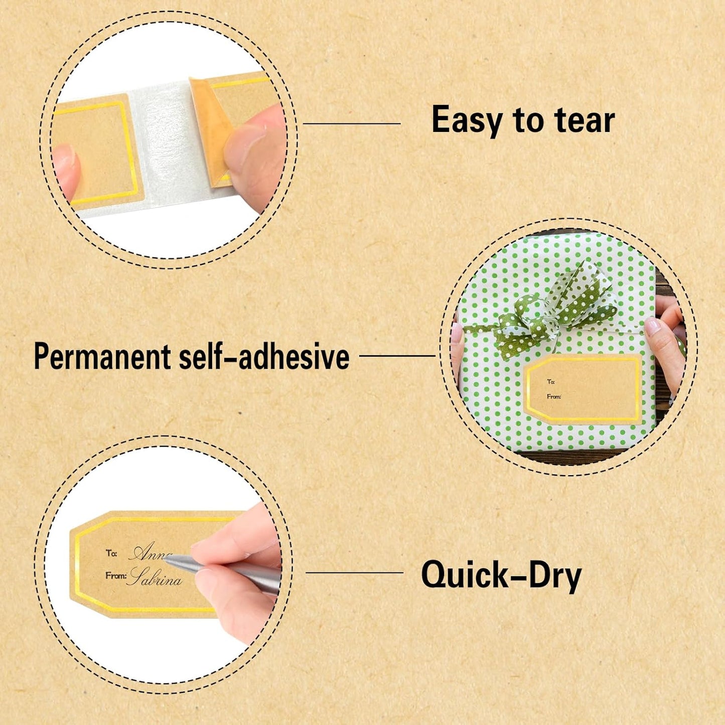 600PCS Gift Tag Stickers, 1.18" x 2" Gold Border Christmas Gift Tags Stickers, Brown Kraft to and from Gifts Labels Self Adhesive Christmas Labels Holiday Present Label, Perforated line Design