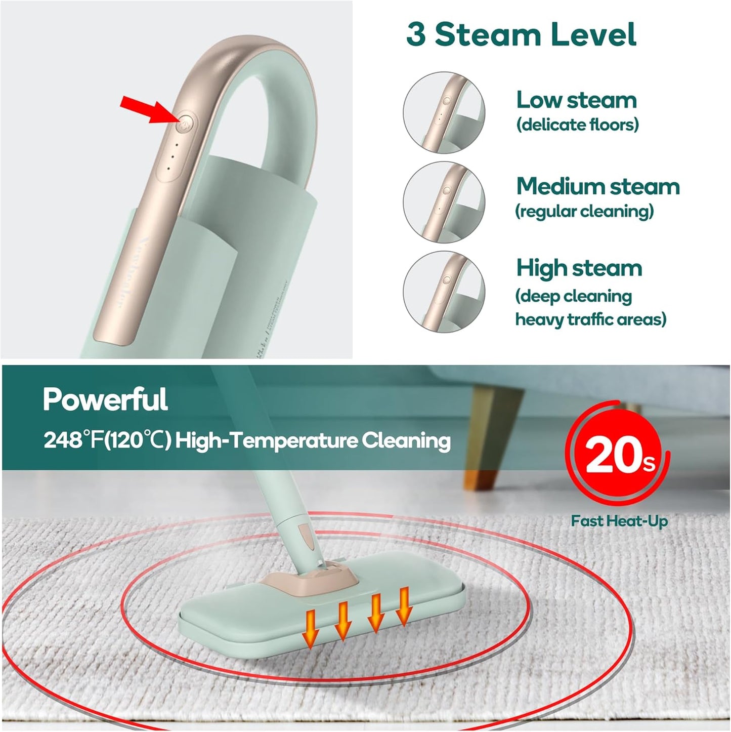 Newbealer Steam Mop & Detachable Handheld Cleaner, 250ml 1200W Powerful Floor Steamer, 3 Adjustable Levels for Carpet Laminate Hardwood Grout, Carpet Glider, 11 Multi-purpose Accessories & 2 Pads