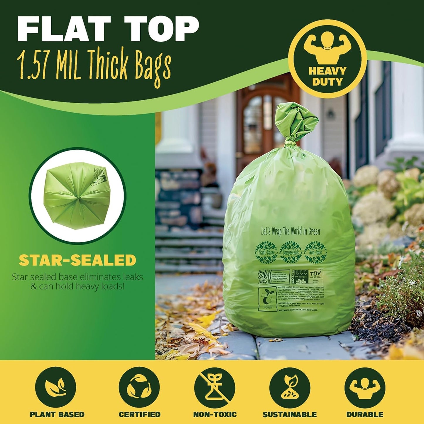 30-33 Gallon Compost Bags 30 Bags Yard Waste Bags Flat-Top Liners Compostable Trash Bags Heavy Duty Extra Thick 1.57 Mil, 124.92 Liter Lawn and Leaf Bags BPI ASTM D6400 and OK Compost Home Certified