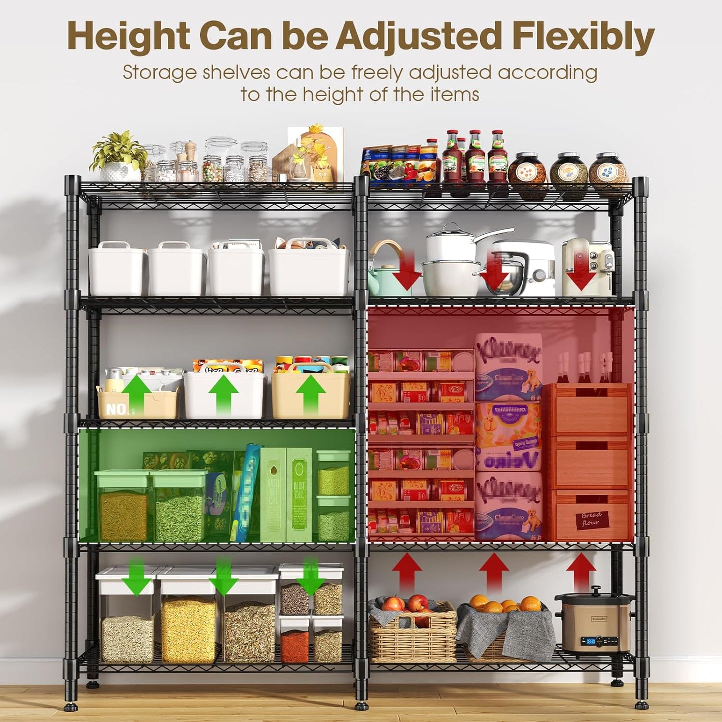 Himimi Storage Shelves-5 Tier Heavy Duty Wire Shelving Unit with Leveling Feet, 1500LBS Adjustable Metal Shelves Organizer for Kitchen Garage Pantry Laundry, 60" W*14" D*72" H, Black