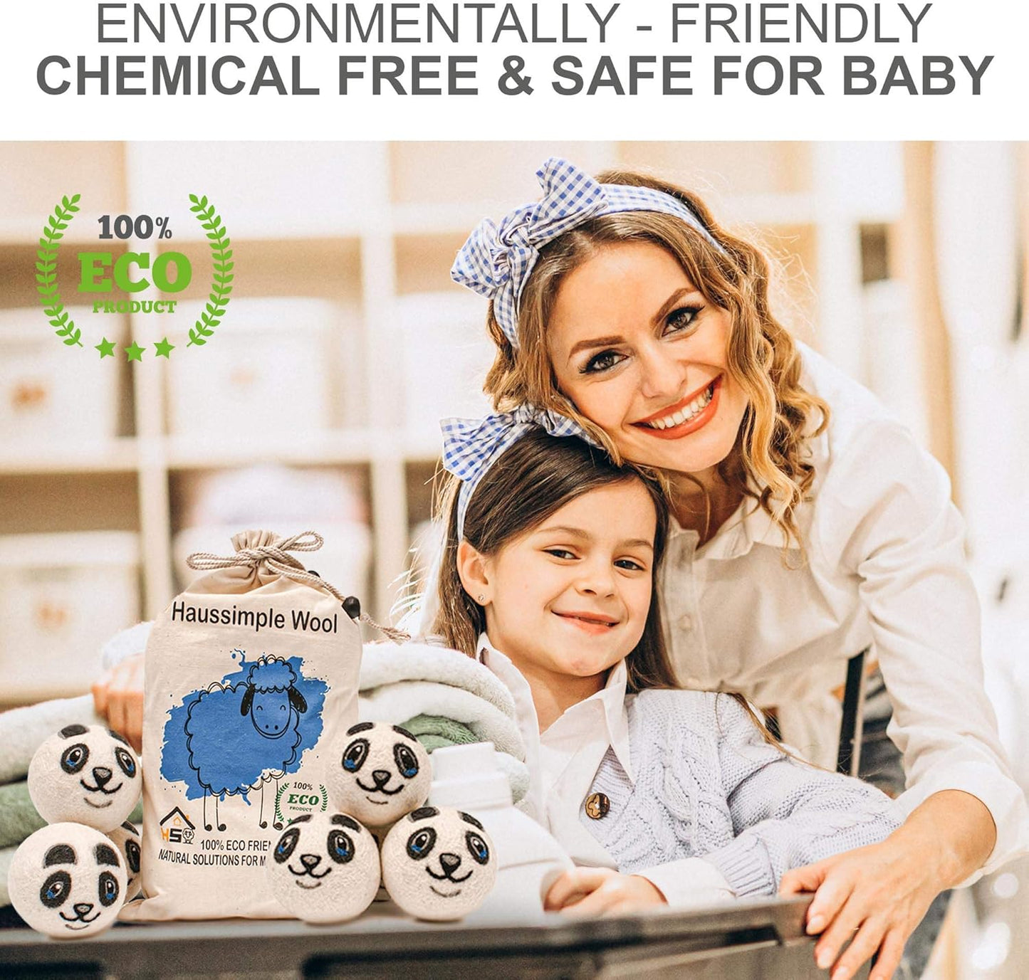 Wool Dryer Balls Organic Felt 6 Pack Laundry Fabric Softener, Extra Large Reusable Handmade Natural Sheep Wool Lint Wrinkle Free Anti Static Baby Safe (Panda)