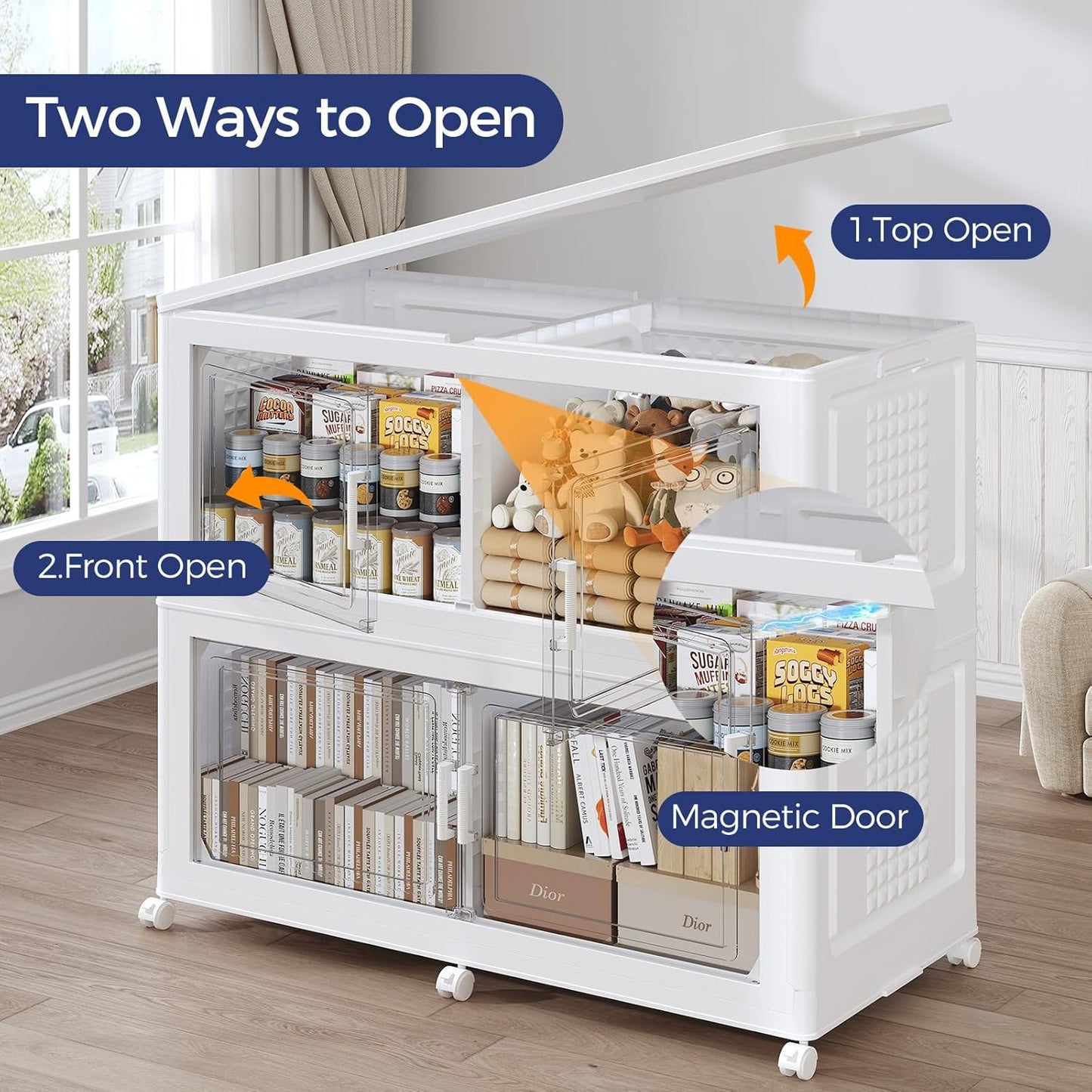 150GAL Storage Bins with Lid and Wheels, Stackable Closet Organizers and Storage Drawer, Collapsible Storage Box with Dividers, Foldable Plastic Cabinets Cubes Totes for Garage, 3 Pack White