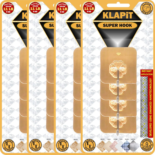 KLAPiT Super Hook - Heavy-Duty Adhesive Gold Wall Hooks, Holds Up to 11 lbs, Waterproof, No Damage, Easy Install on Tile, Wood, Stone, Glass & Metal - Made of Steel (Gold, 16pc)