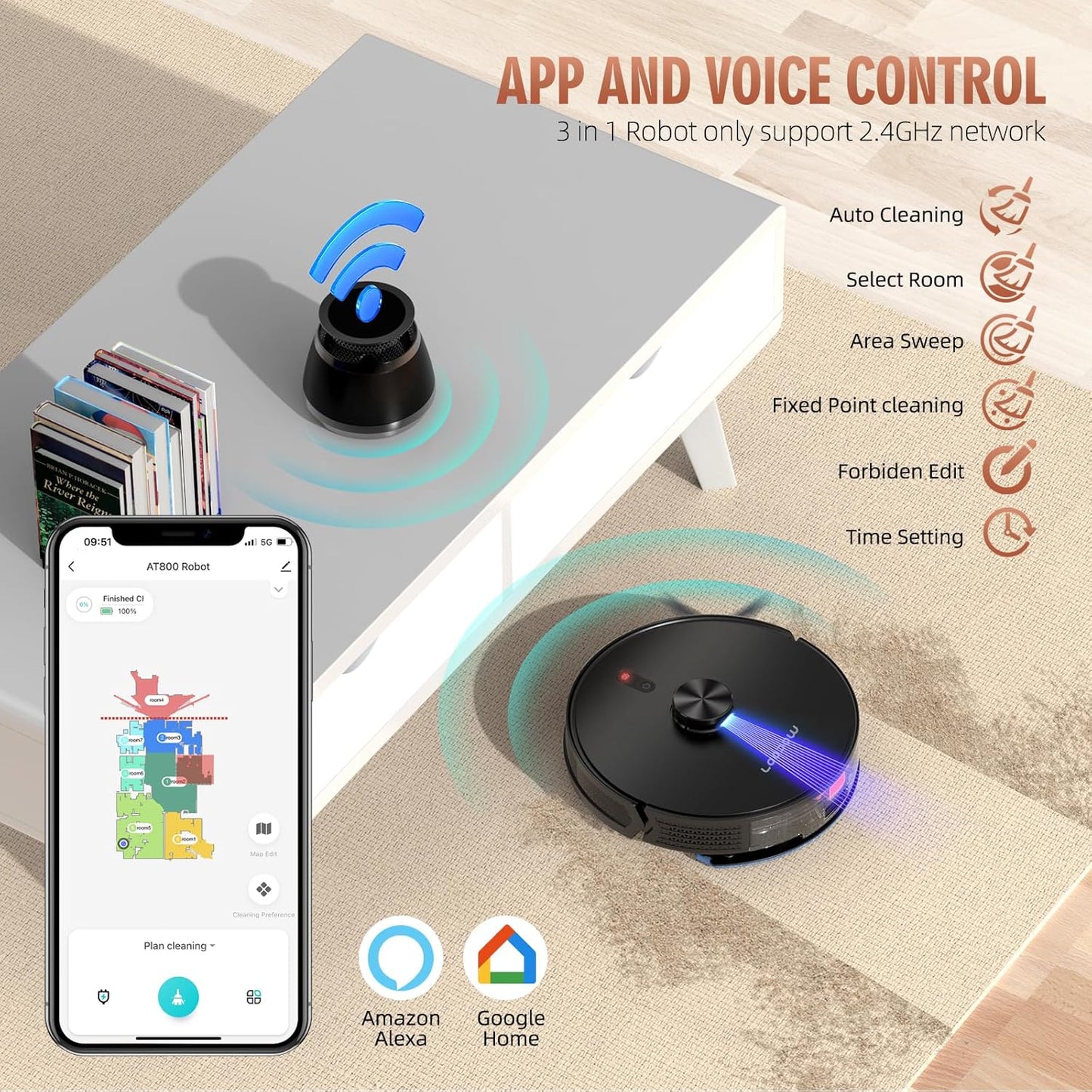 Robot Vacuum and Mop Combo with Self-Emptying Station (60-Day), LiDAR Navigation Robotic Vacuum Cleaner, 5000Pa Suction, 180-Min Runtime, App/Wi-Fi/Alexa Control, for Pet Hair, Carpets & Hard Floors