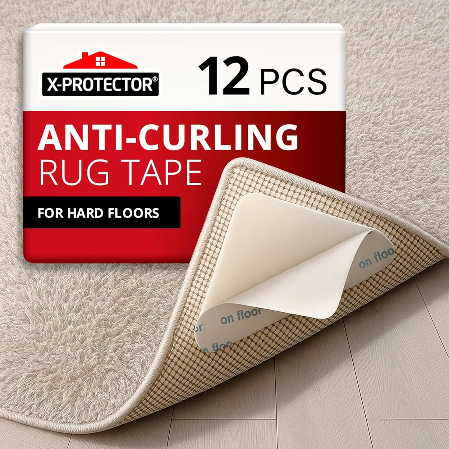 X-Protector Rug Tape - 12 Pcs Set - White Anti-Slip & Anti-Curling Carpet Tape for Hard Floors - Premium Rug Pad Gripper - Ideal Carpet Corner Grippers to Keep Your Carpet in Place & Make Corners Flat