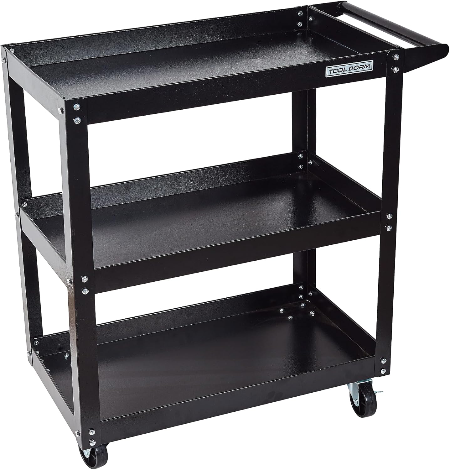 Utility Service Cart, 3 Shelf 200LBS Heavy Duty Steel Rolling Utility Cart, Medium Lipped Shelf, 360° Swivel Wheels, Ergonomic Storage Handle for Warehouse Garage, Black