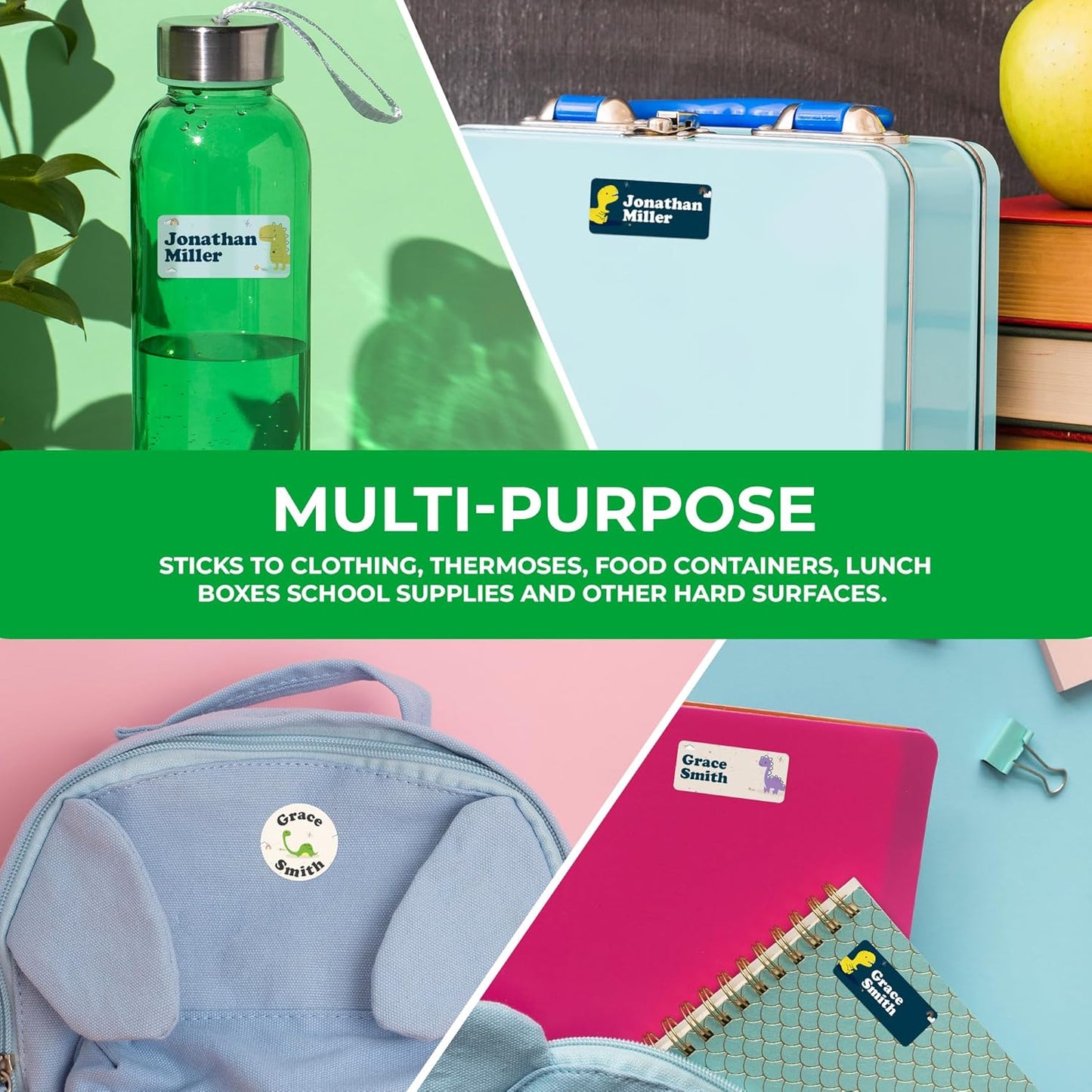 Personalized Name Tag Stickers for Kids (130+ Pack) | Dinosaur Waterproof Labels for School Supplies, Bottles & Lunch Boxes | Custom Vinyl Name Labels for Clothing, Toys & More (A. Baby Dinosaur)