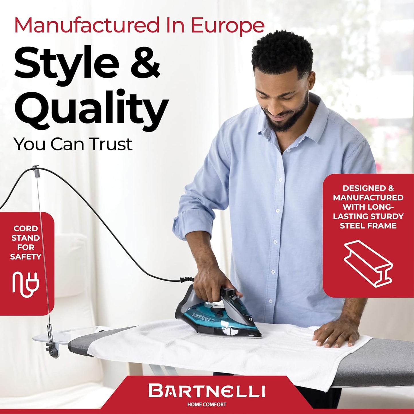 Bartnelli Extra Wide Pro Ironing Board 19x48 Ironing Surface with Iron Rest, Cord Holder, Shelf and 4 Layer Heat Resistant Cover and Pad
