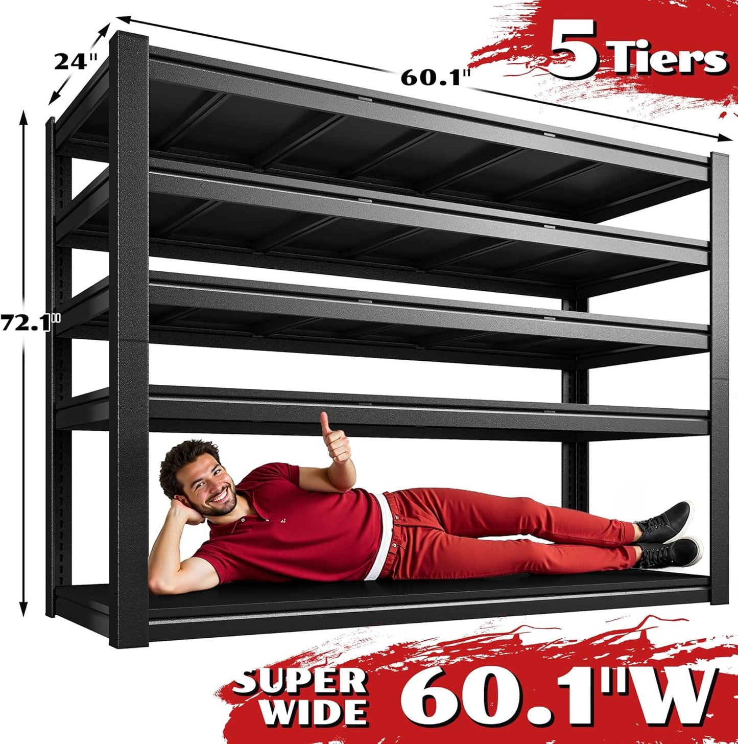 3125LBS Storage Shelves, 60.1" W Garage Shelving Heavy Duty, Adjustable Metal Shelving Unit, Storage Rack for Garage, Basement, Warehouse with Tool-Free Installation, 60.1" W x 24" D x 72.1" H