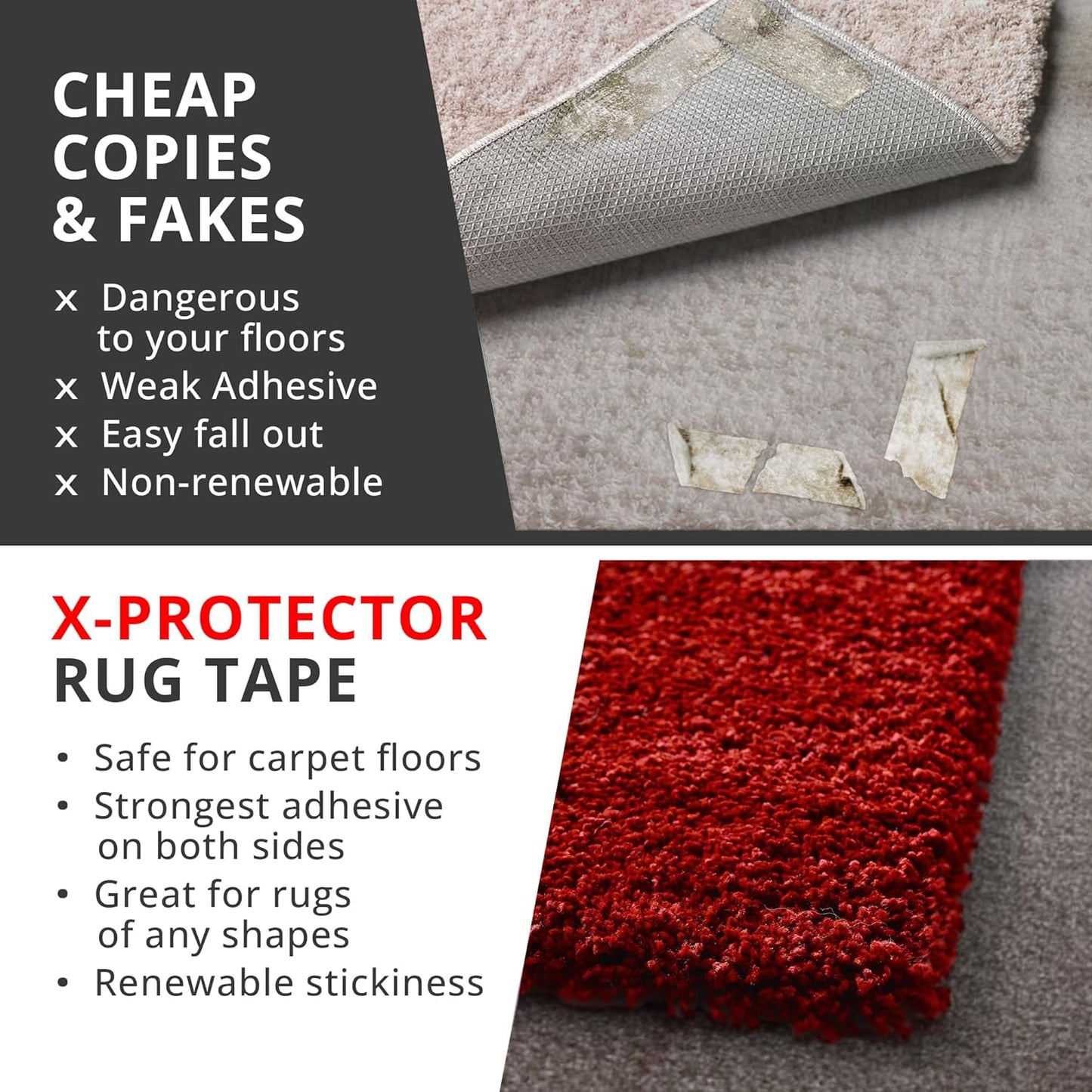X-Protector Rug Tape for Carpet - 16 Pcs Set - White Anti-Slip & Anti-Curling Carpet Tape for Rugs - Premium Rug Pad Gripper - Ideal Carpet Corner Grippers to Keep Your Rugs & Make Corners Flat