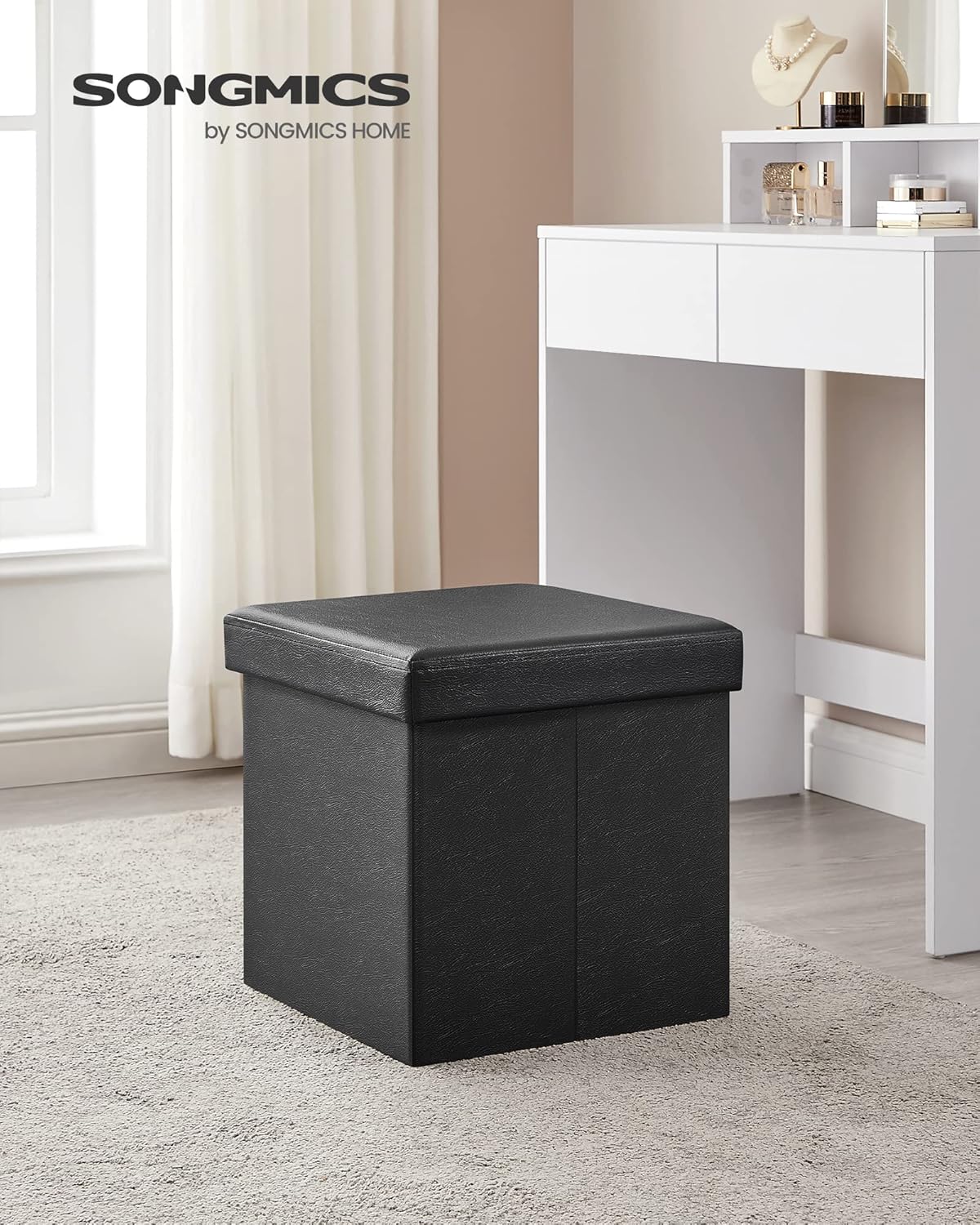 SONGMICS MAZIE Collection - 15 Inches Ottoman with Storage, Footstool, Storage Ottoman, Load 660 lb, for Dorm, Living Room, Bedroom, Synthetic Leather, Black ULSF101