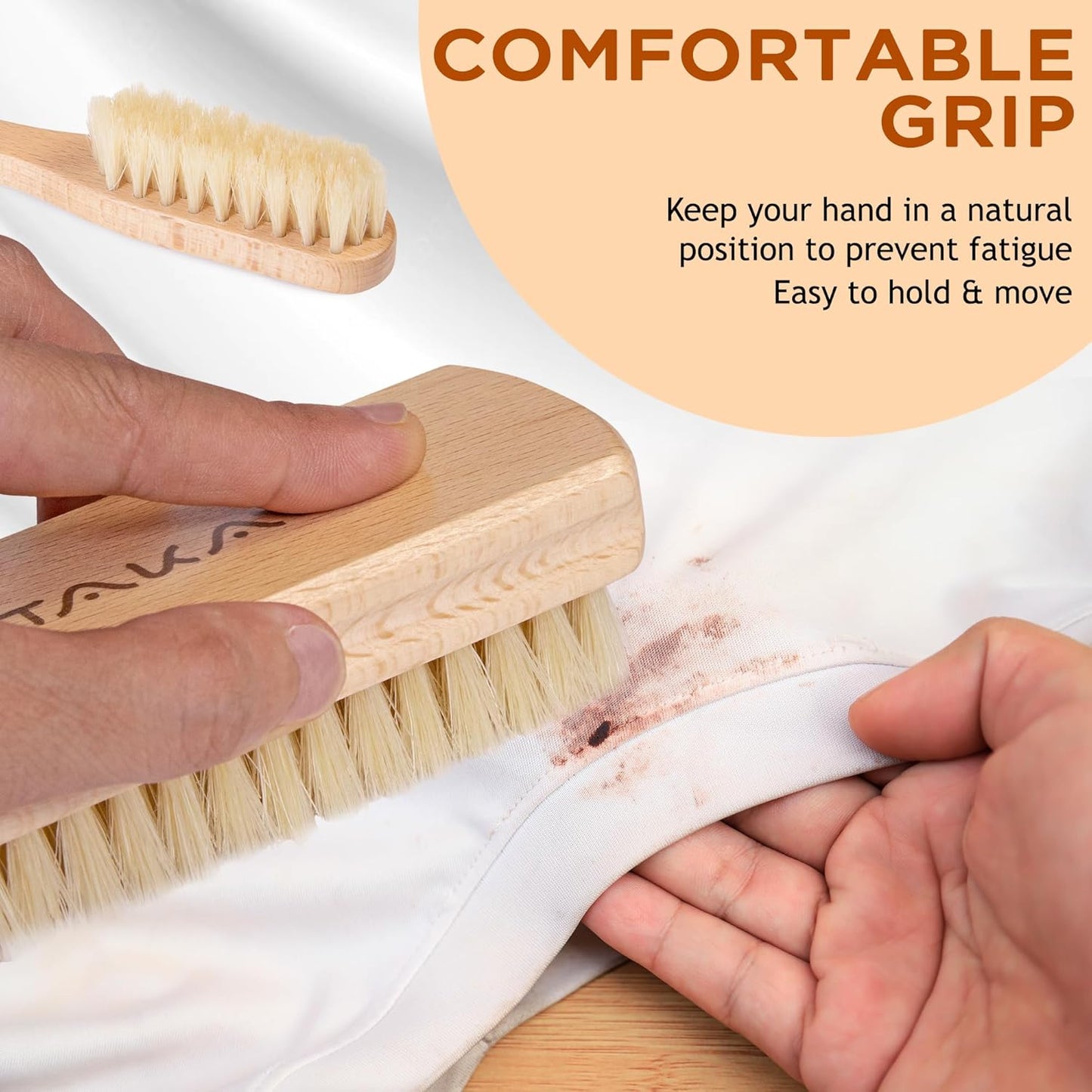 Boar Bristle Laundry Stain Brush Set by TAKAVU, Stiff Pure Boar Bristle for Scrubbing Out Tough Stains on Delicate Fabrics Knits Cotton Leather Washable Fabrics