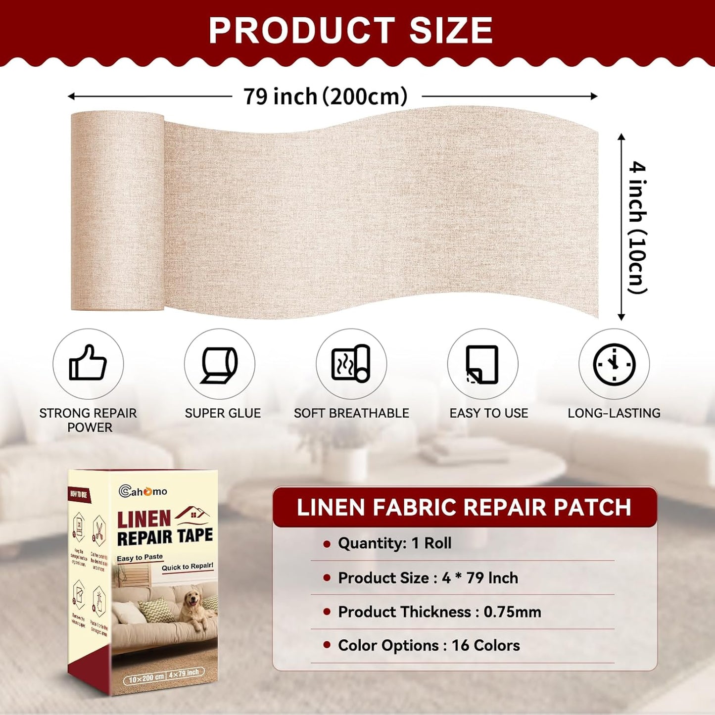 Linen Repair Tape 4x79 inch, Self Adhesive Fabric Patches, Linen Patch Tape Kit, Fabric Repair Tape for Couch Sofas, Headboards, Chairs, Pillows, Curtains, Couches - Beige