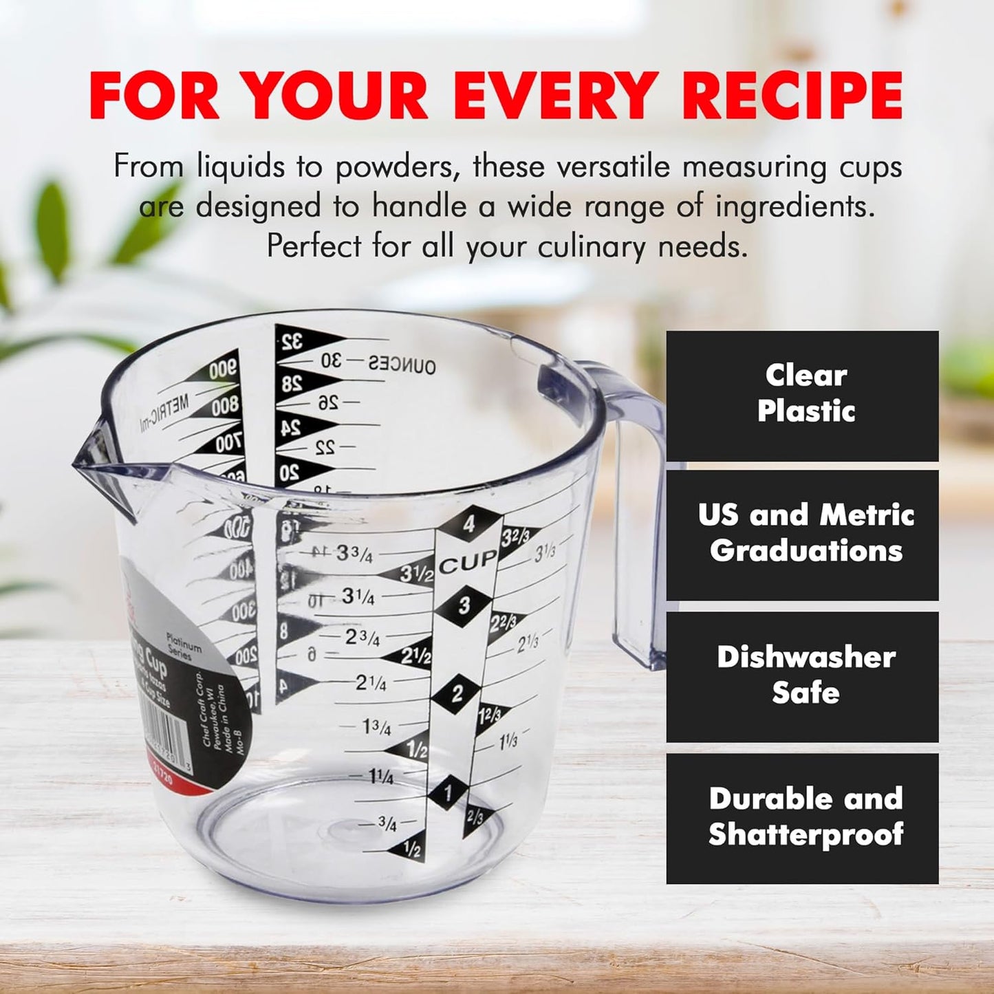 Chef Craft Select Plastic Measuring Cup, 4 Cup, Clear