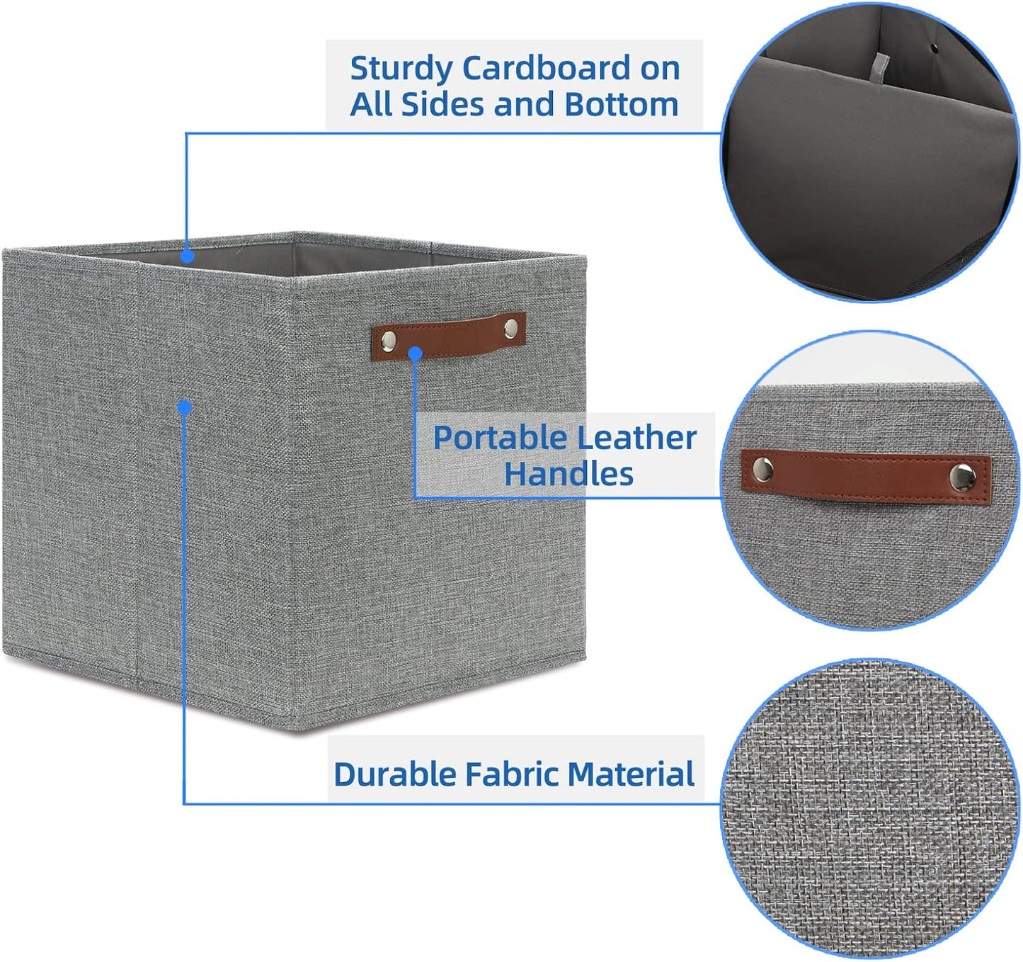 Temary 12x12 Storage Cube Bins 4 Pack Fabric Storage Cubes Storage Bins with Leather Handles, Storage Baskets Foldable Cube Organizers Bins for Home (Grey)