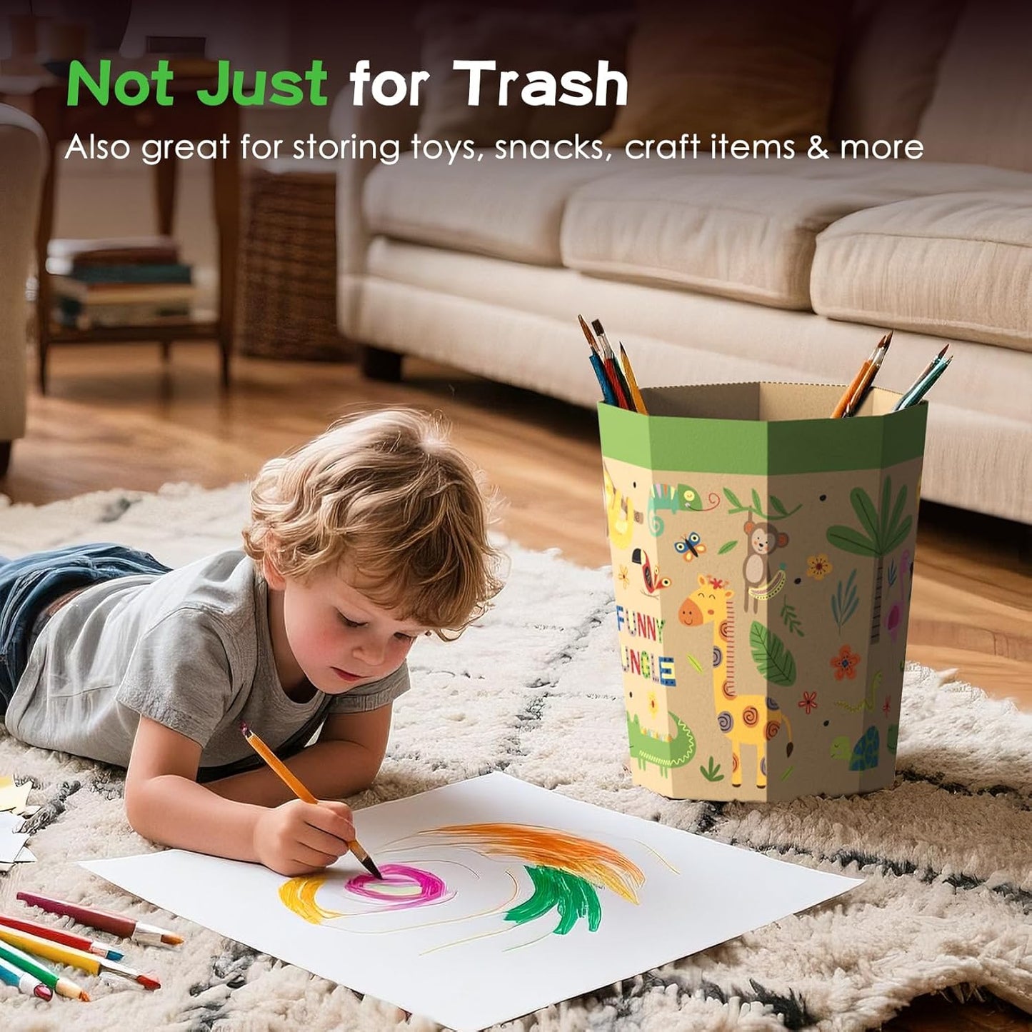 6-Pack Cardboard Trash Can – Foldable, Recyclable, Plastic-Free & Reusable Small Waste Paper Basket for Kids - Garbage Bin Perfect for Bedrooms, Playrooms, Children's Room & Outdoor (3.2 Gallon)