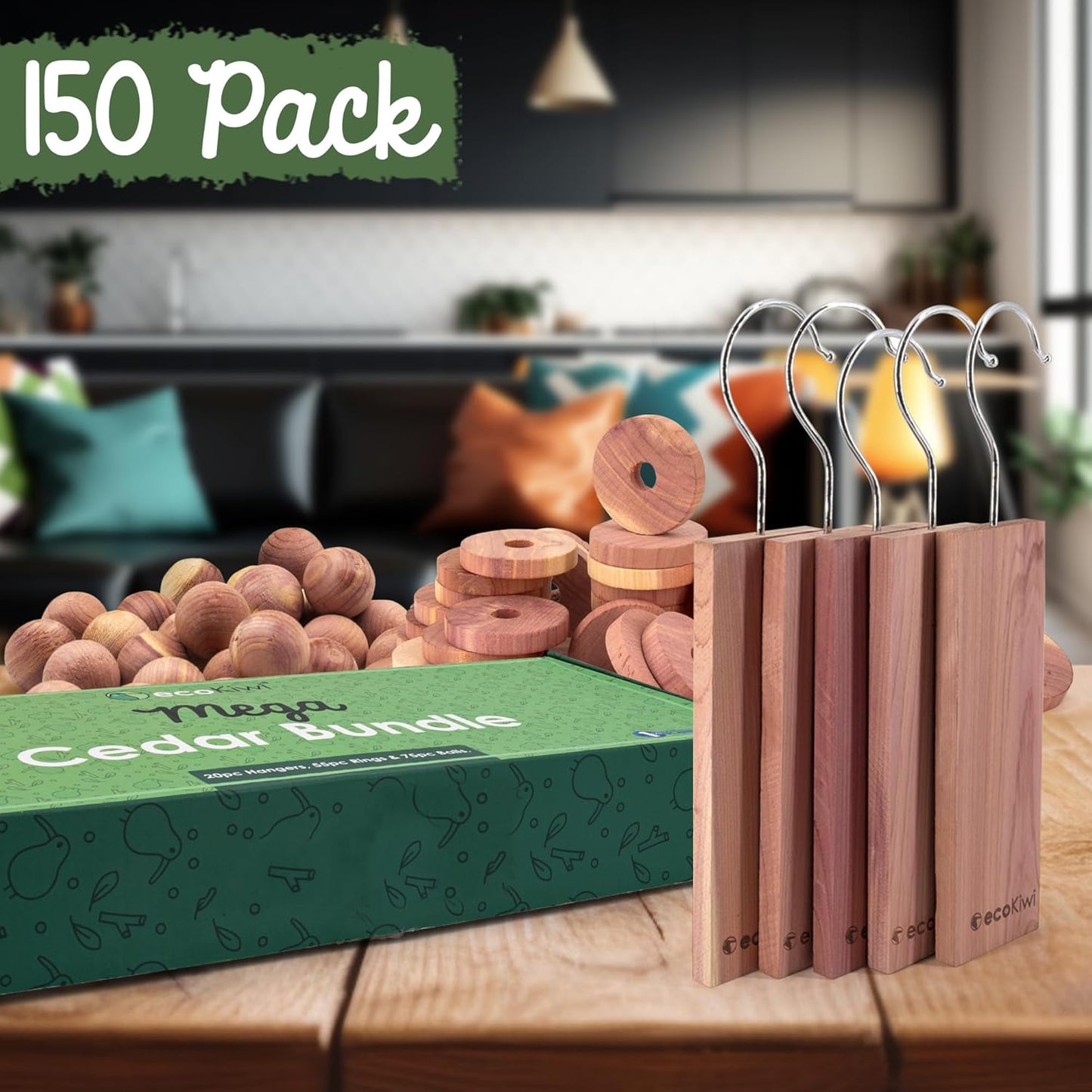 ecoKiwi Cedar Blocks for Clothes Storage Mega Bundle Box - Cedar Hangers x20, Balls x75 & Rings x55-100% Natural Oil Planks & Chips for Closets & Drawers - Aromatic Red Cedar Wood with Sandpaper