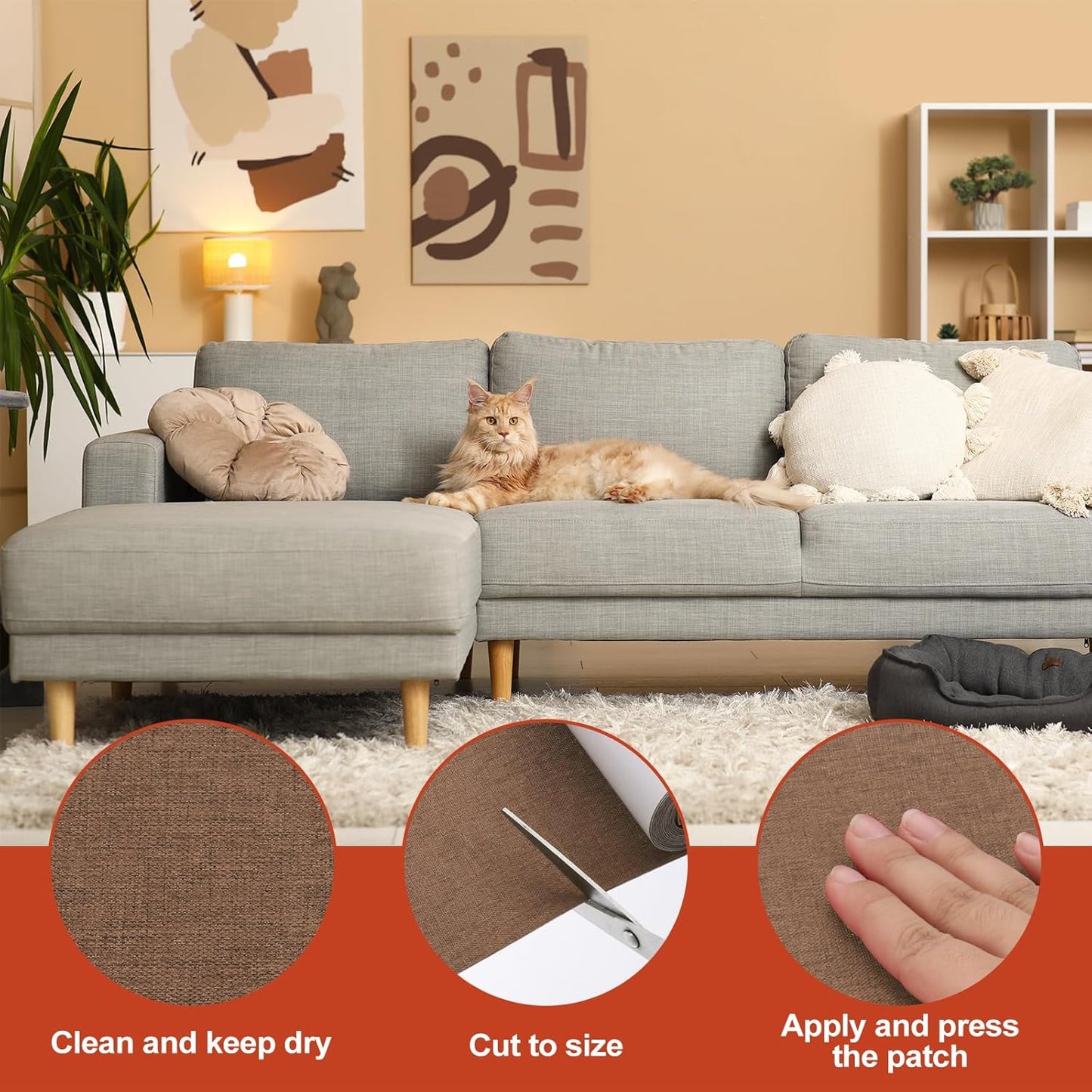 PATIKIL 70x4.4 Inch Linen Repair Tape, Repair Fabric Patch Self Adhesive Couch Patch Line Repair Patch for Furniture Sofa Car Seats Office Chairs, Yellow Brown