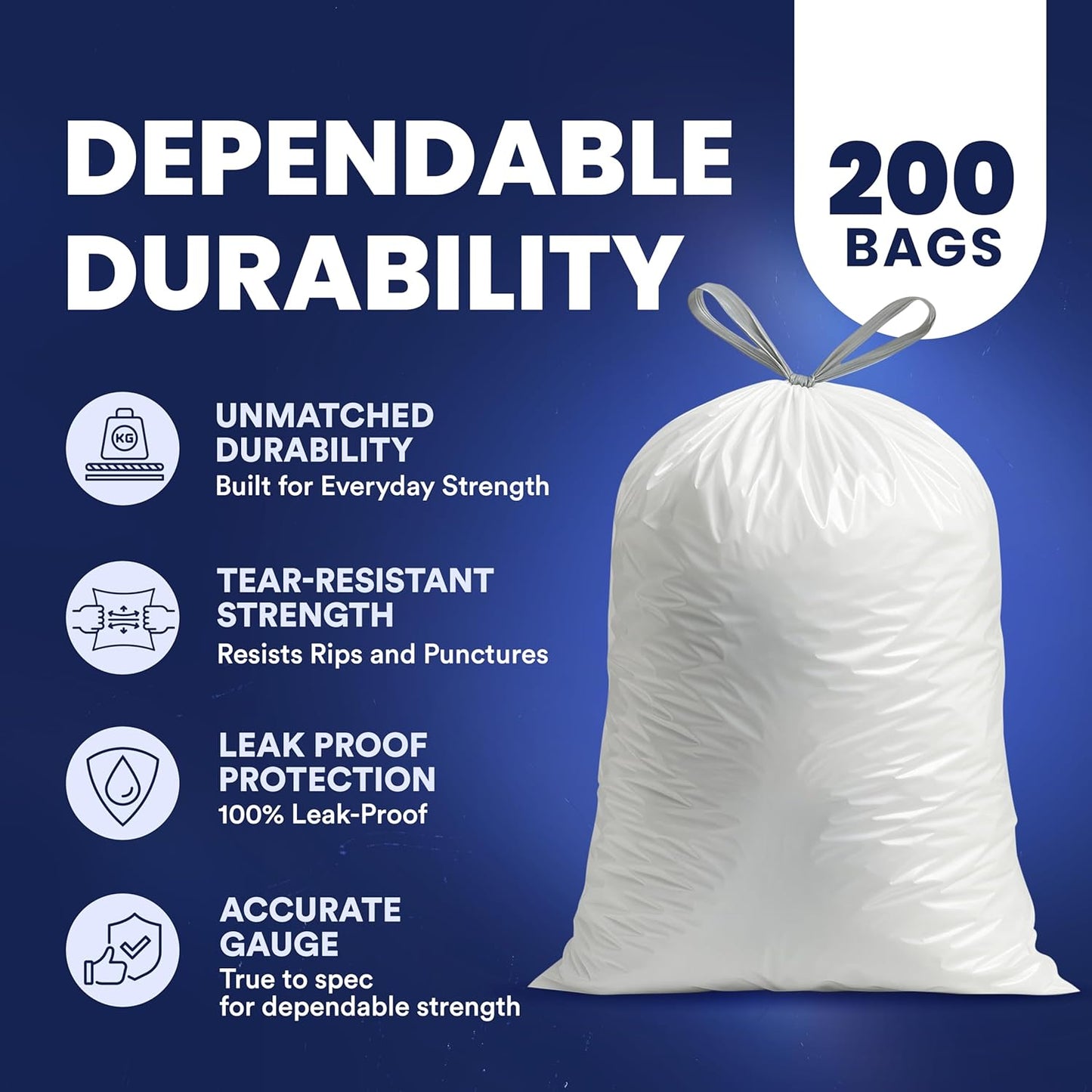 Plasticplace 13 Gallon Trash Bags â”‚ 1.2 Mil â”‚ White Drawstring Garbage Can Liners â”‚ 24" x 31", 200 Count (Pack of 1)