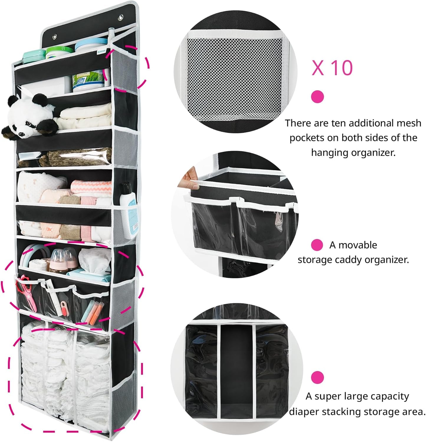 Door Hanging Storage Organizer,with 3 Bins 1 Movable Baby Diaper Caddy,1 Large capacity diaper stacking storage Organizer,10 Side Pockets ,Bedroom Door Storage for Nursery Baby Essentials. (Dark grey)
