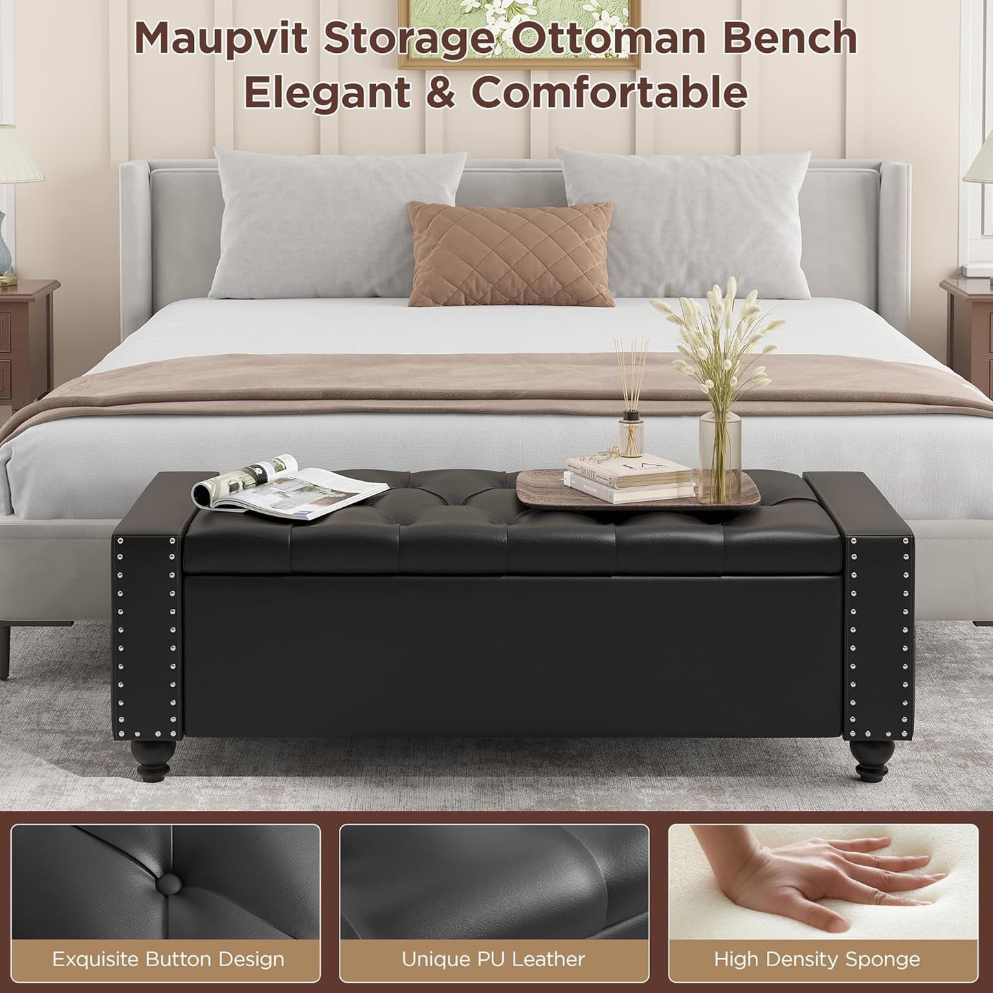 Maupvit Storage Ottoman Bench, 49 Inch Bedroom Bench, Upholstered Ottoman with Storage, Entryway Bench with Tufted Button, Faux Leather Window Bench for Bedroom, Living Room, Entryway, Hallway, Black