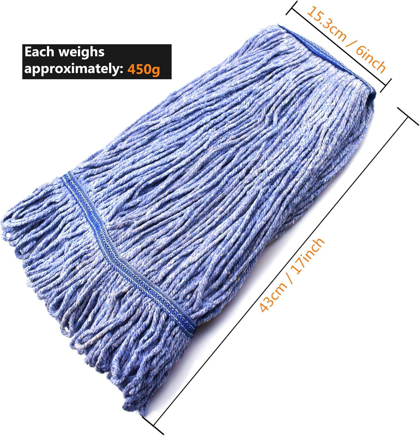 String Mop Heads Replacement Heavy Duty Commercial Grade Blue Cotton Looped End Wet Industrial Cleaning Mop Head Refills (3, Medium)